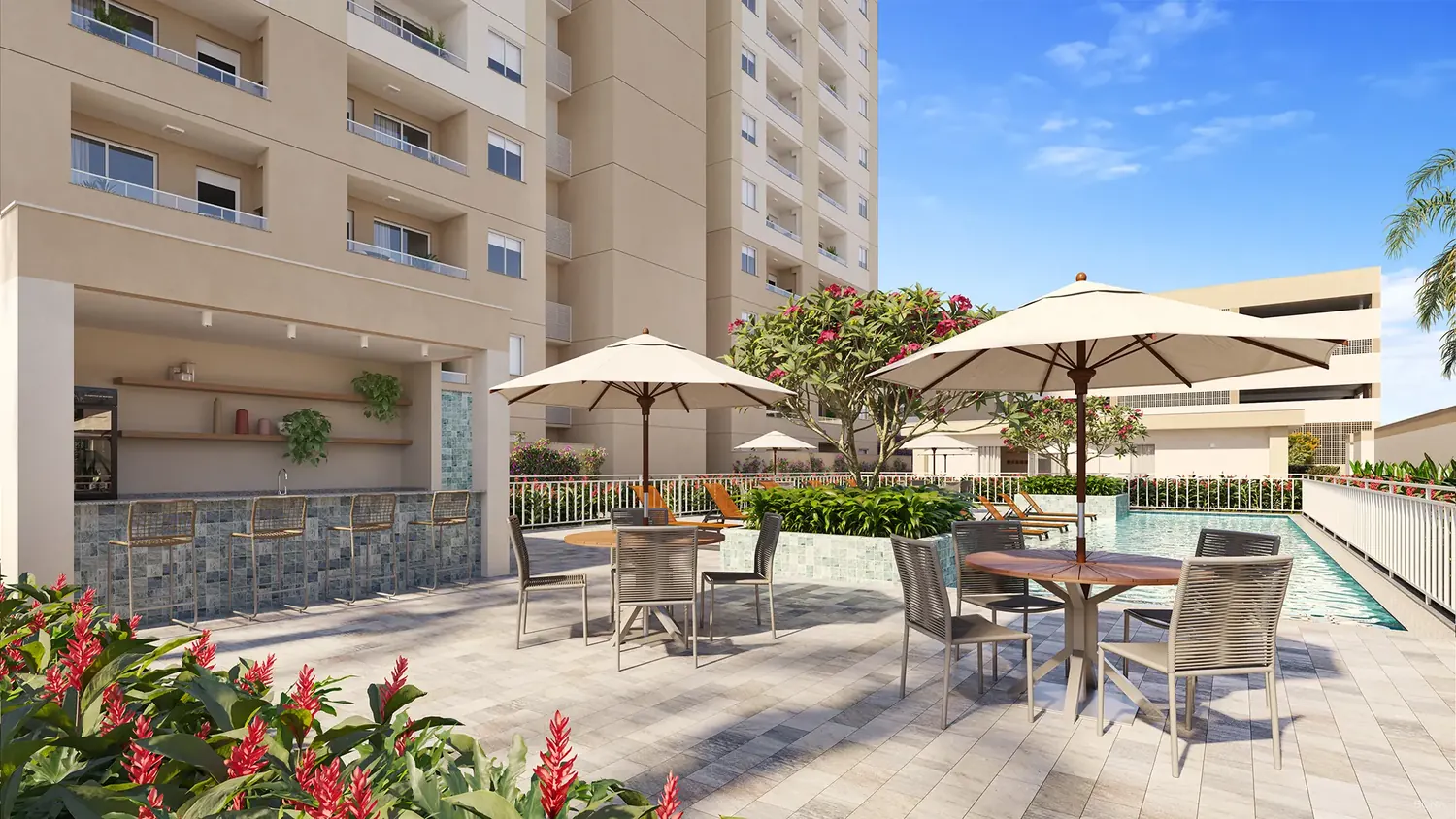 Bar da piscina com mesas e guarda-sóis no deck