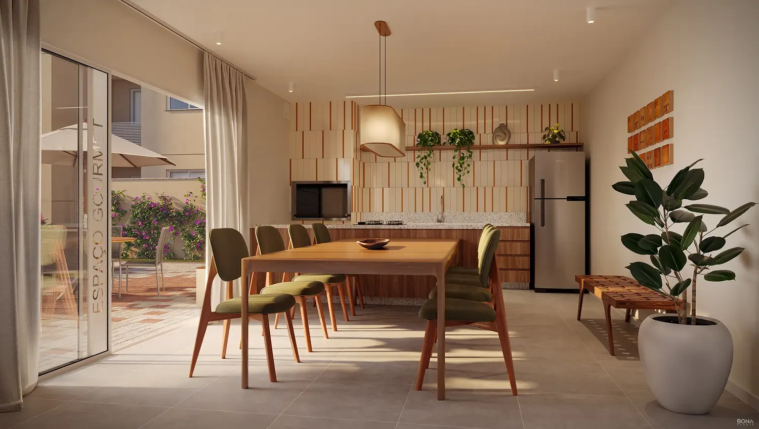 Espaço gourmet com cozinha, mesa de jantar e acesso ao jardim