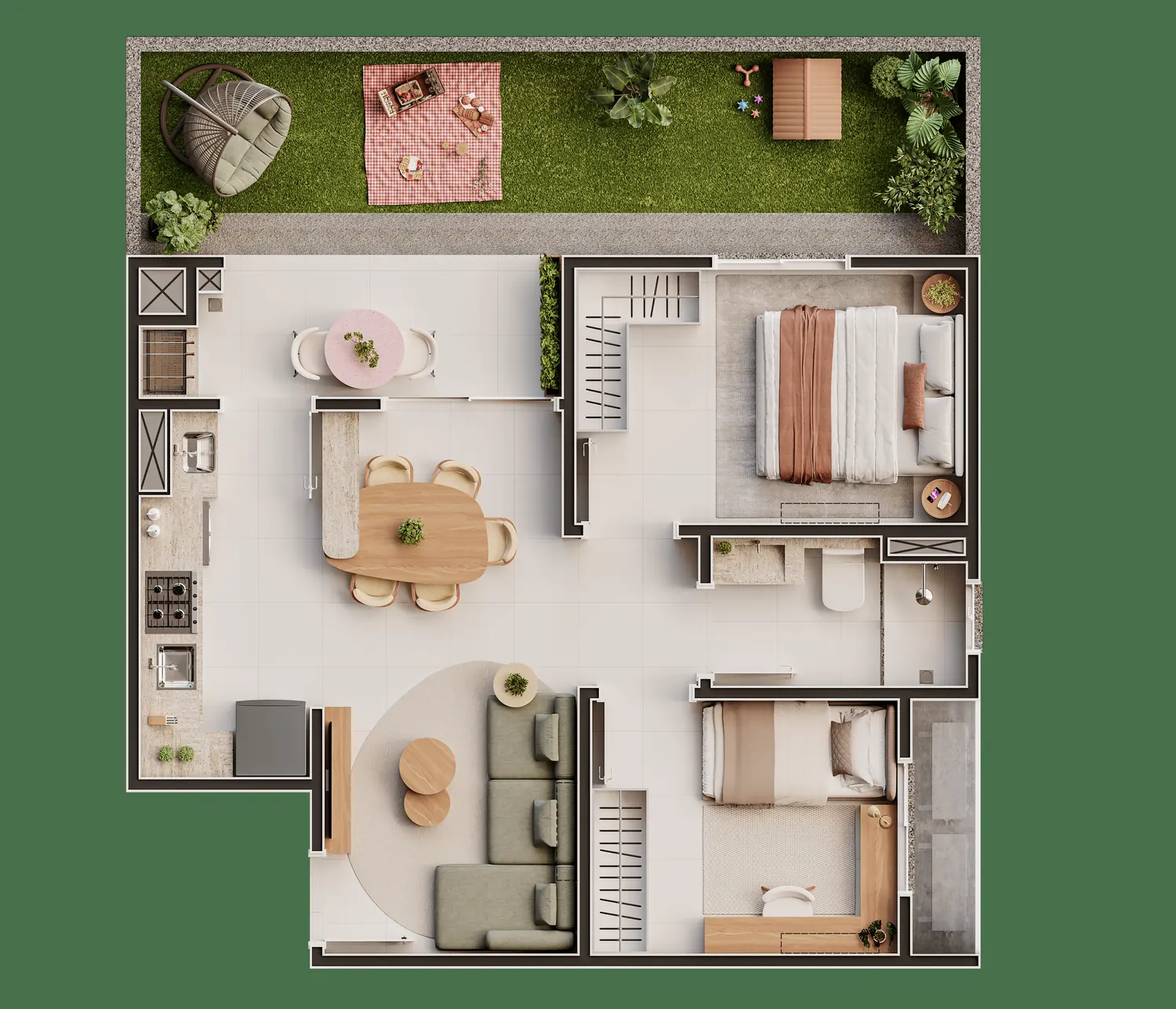 Planta humanizada do apartamento Tipo 01 Giardino, 2 dormitórios, com área externa privativa