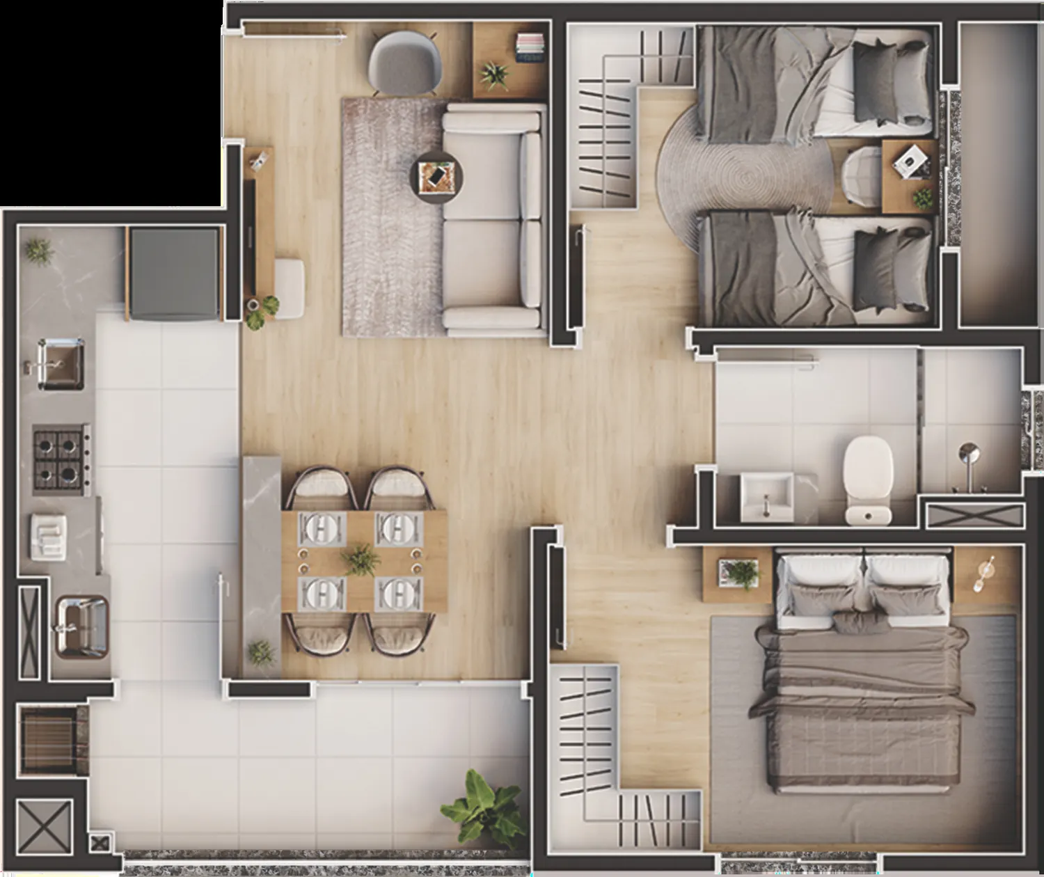 Planta humanizada do apartamento Tipo 01, 2 dormitórios, 51,53 m²