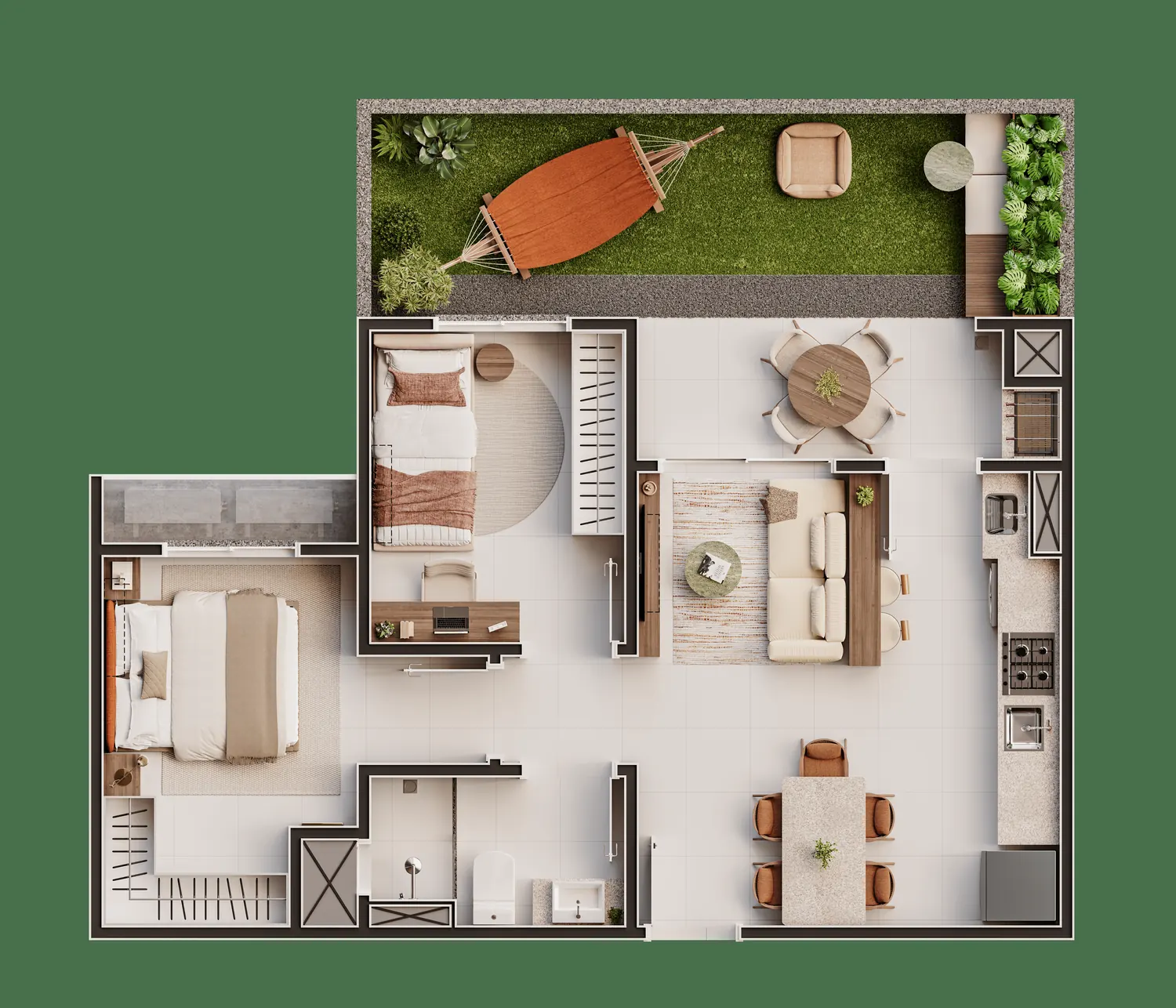 Planta humanizada do apartamento Tipo 02 Giardino, 2 dormitórios, com área externa privativa