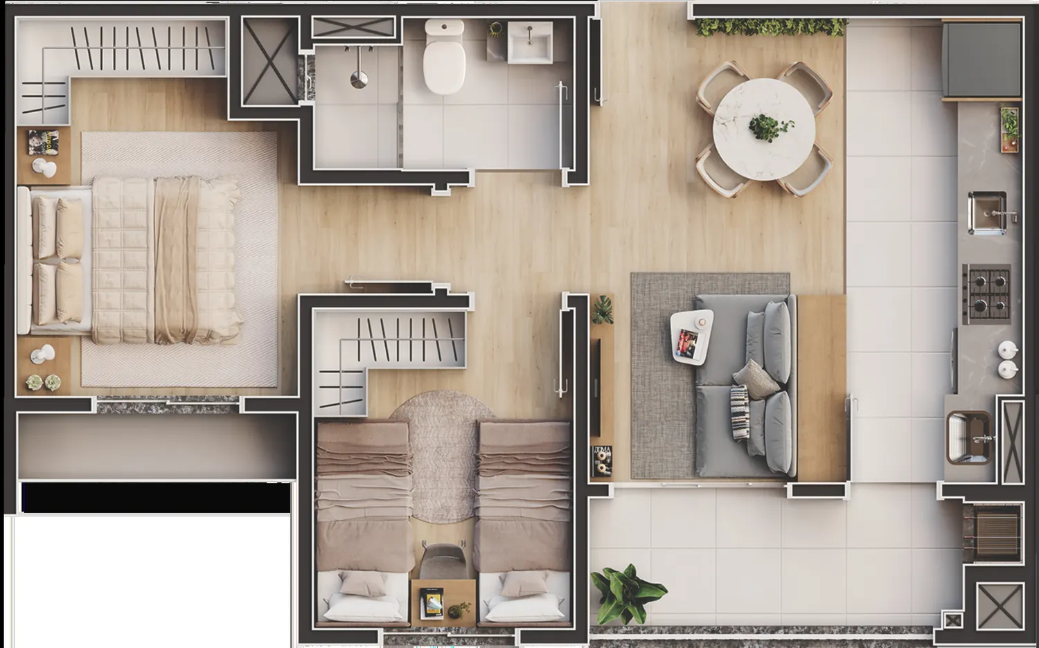 Planta humanizada do apartamento Tipo 02, 2 dormitórios, 51,59 m²