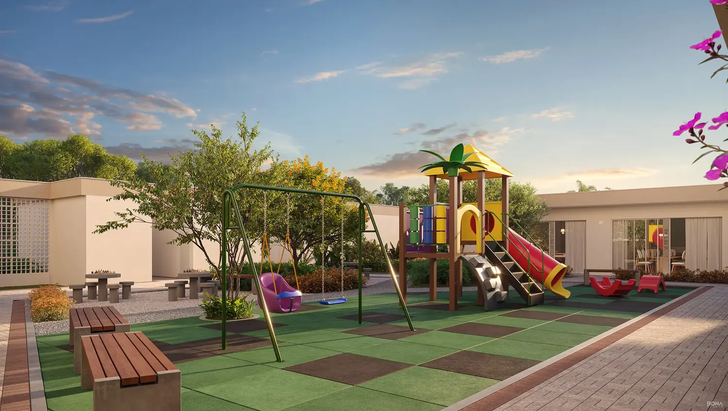 Playground com balanço, escorregador e piso emborrachado
