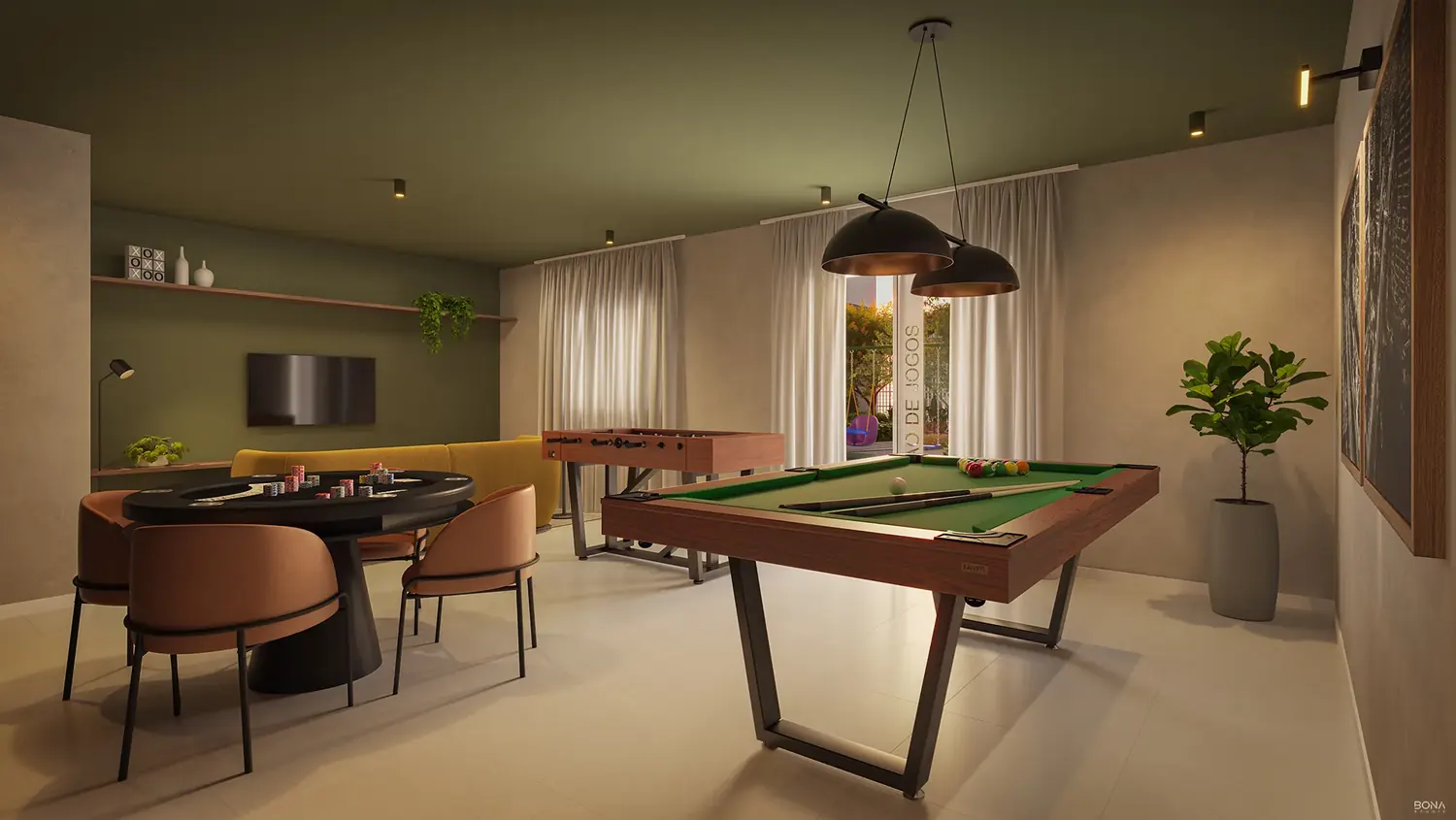 Salão de jogos com mesa de sinuca, pebolim e mesa de carteado