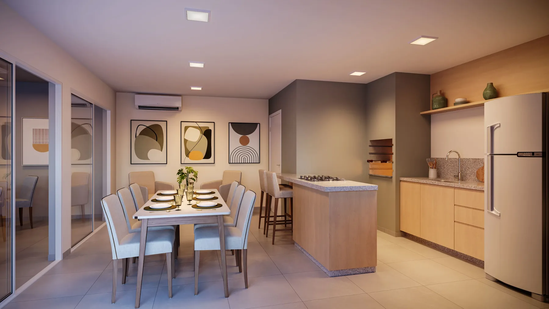 Cozinha integrada à sala de jantar do apartamento decorado