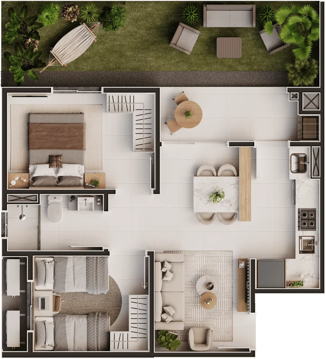 Planta humanizada do apartamento Tipo 01 Giardino, 2 dormitórios, com área externa privativa