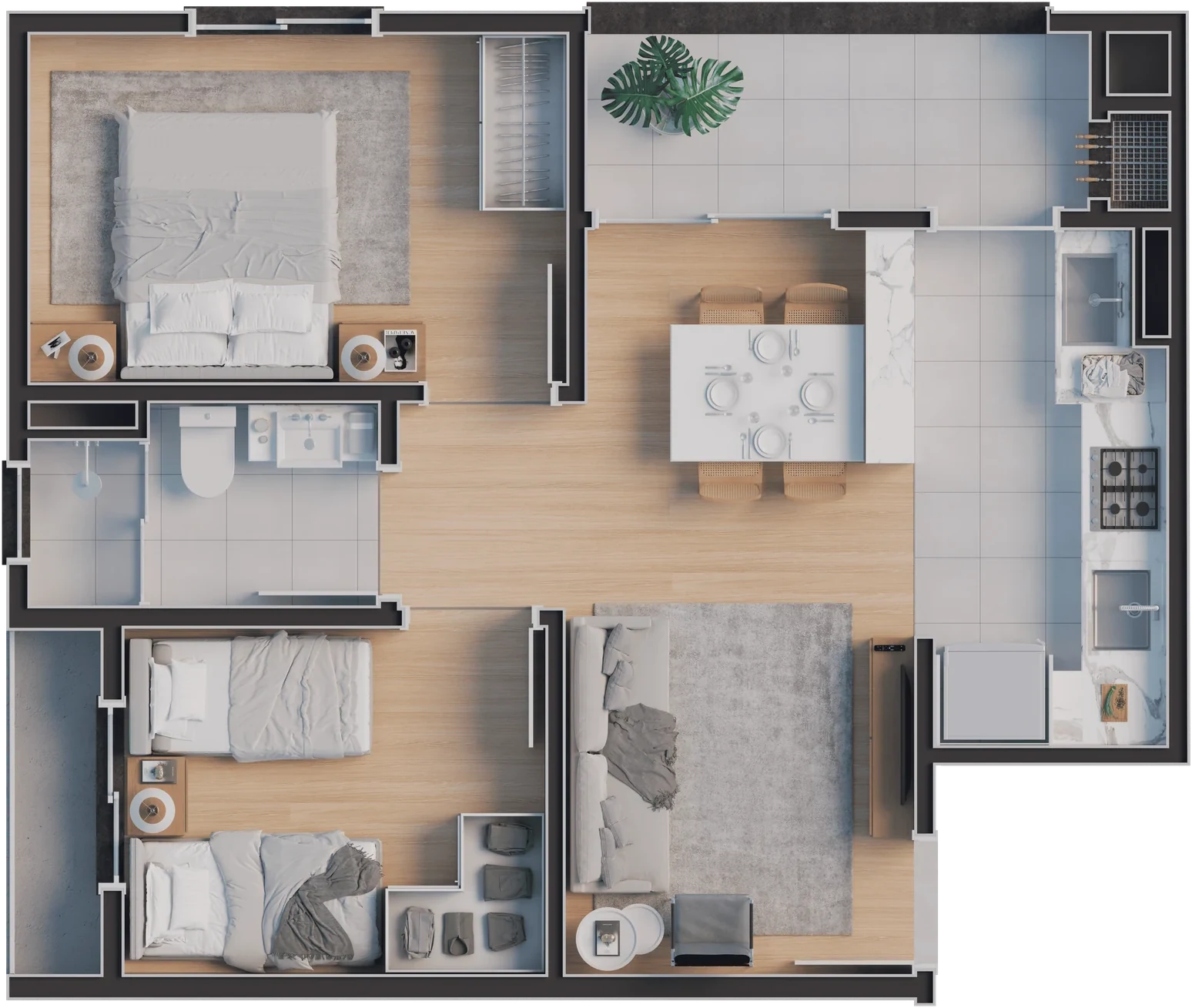 Planta humanizada do apartamento Tipo 01, 2 dormitórios, 51,66 m²