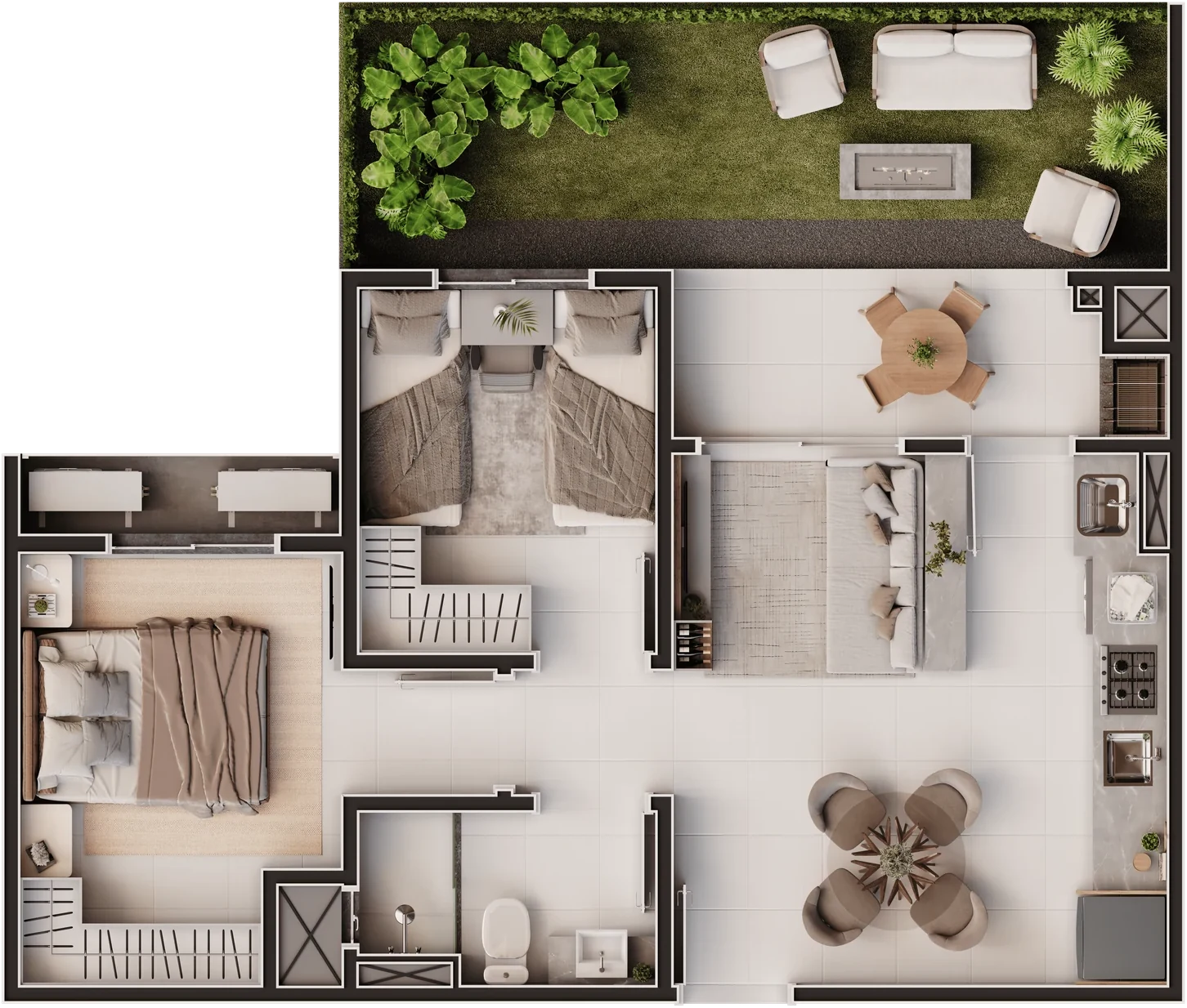Planta humanizada do apartamento Tipo 02 Giardino, 2 dormitórios, com área externa privativa