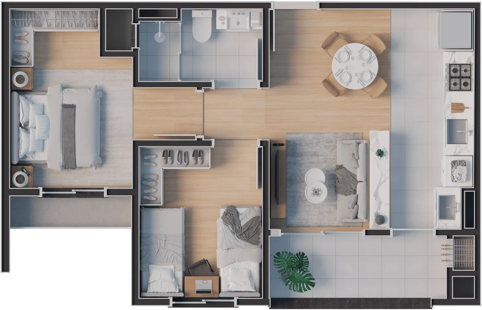 Planta humanizada do apartamento Tipo 02, 2 dormitórios, 51,59 m²
