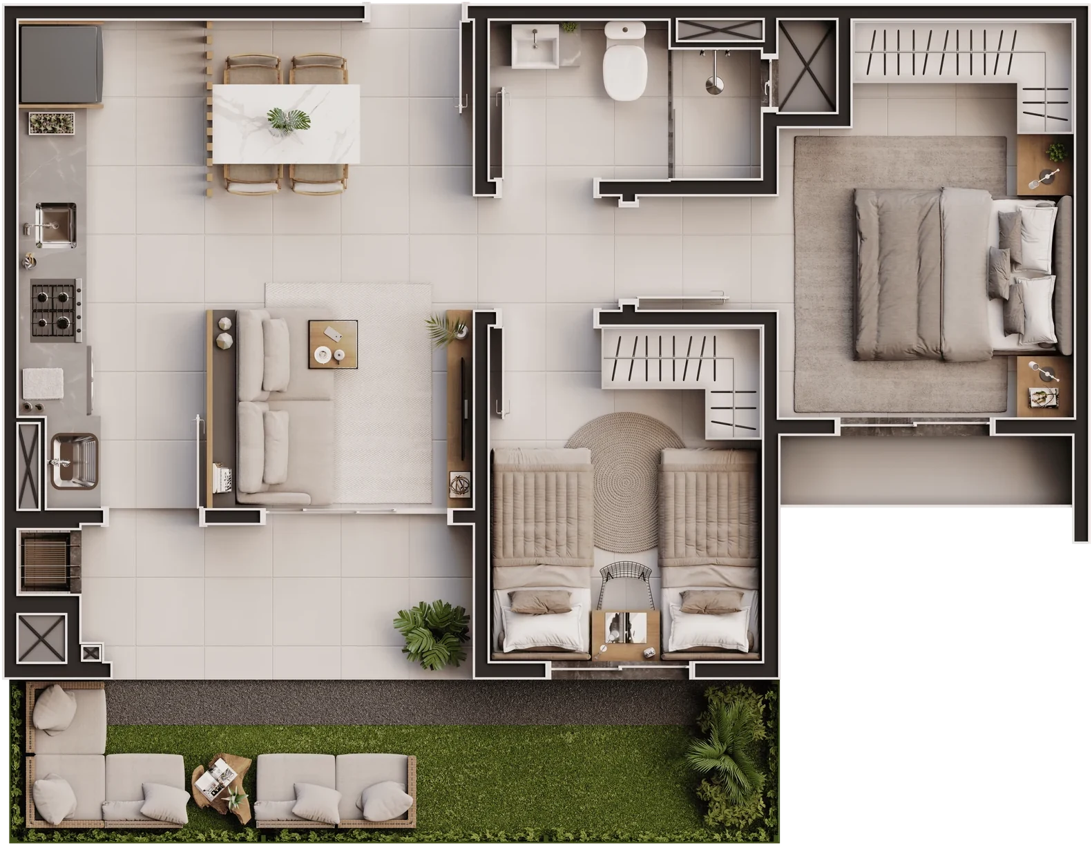 Planta humanizada do apartamento Tipo 03 Giardino, 2 dormitórios, com área externa privativa