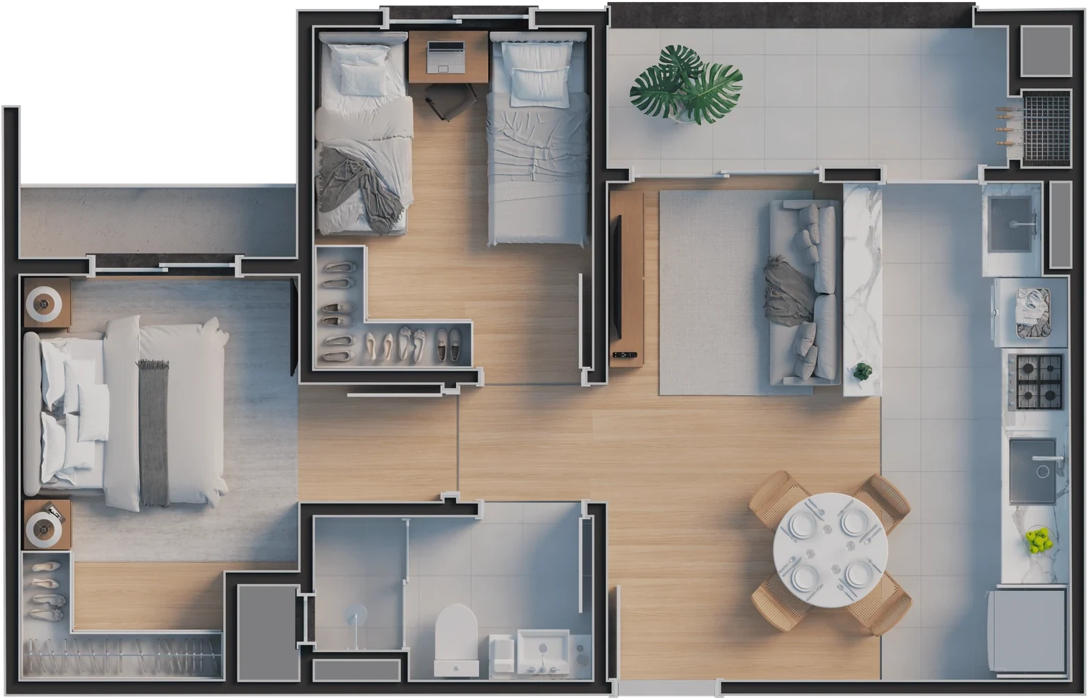 Planta humanizada do apartamento Tipo 03, 2 dormitórios, 52,48 m²