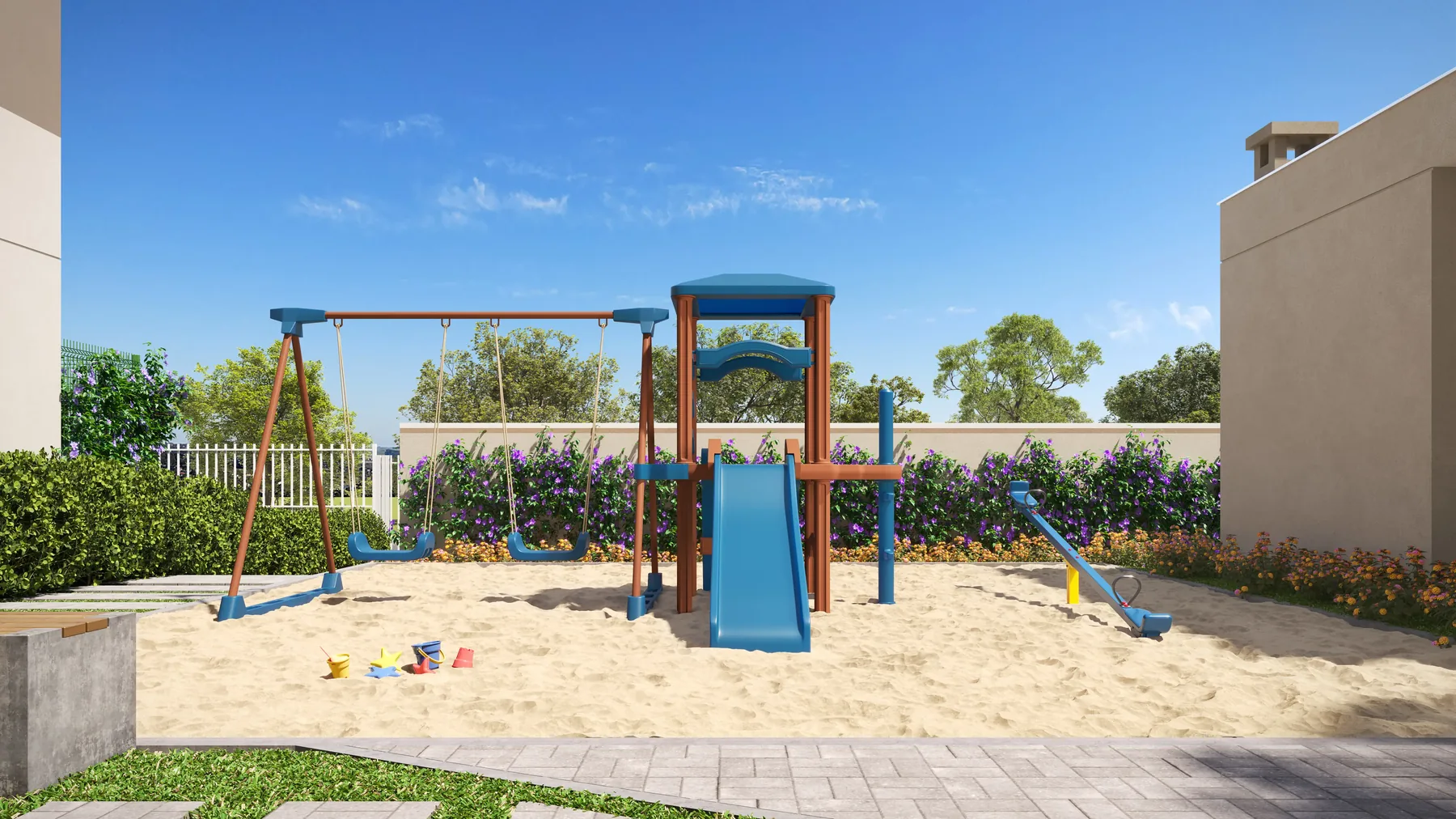 Playground infantil com balanço e escorregador