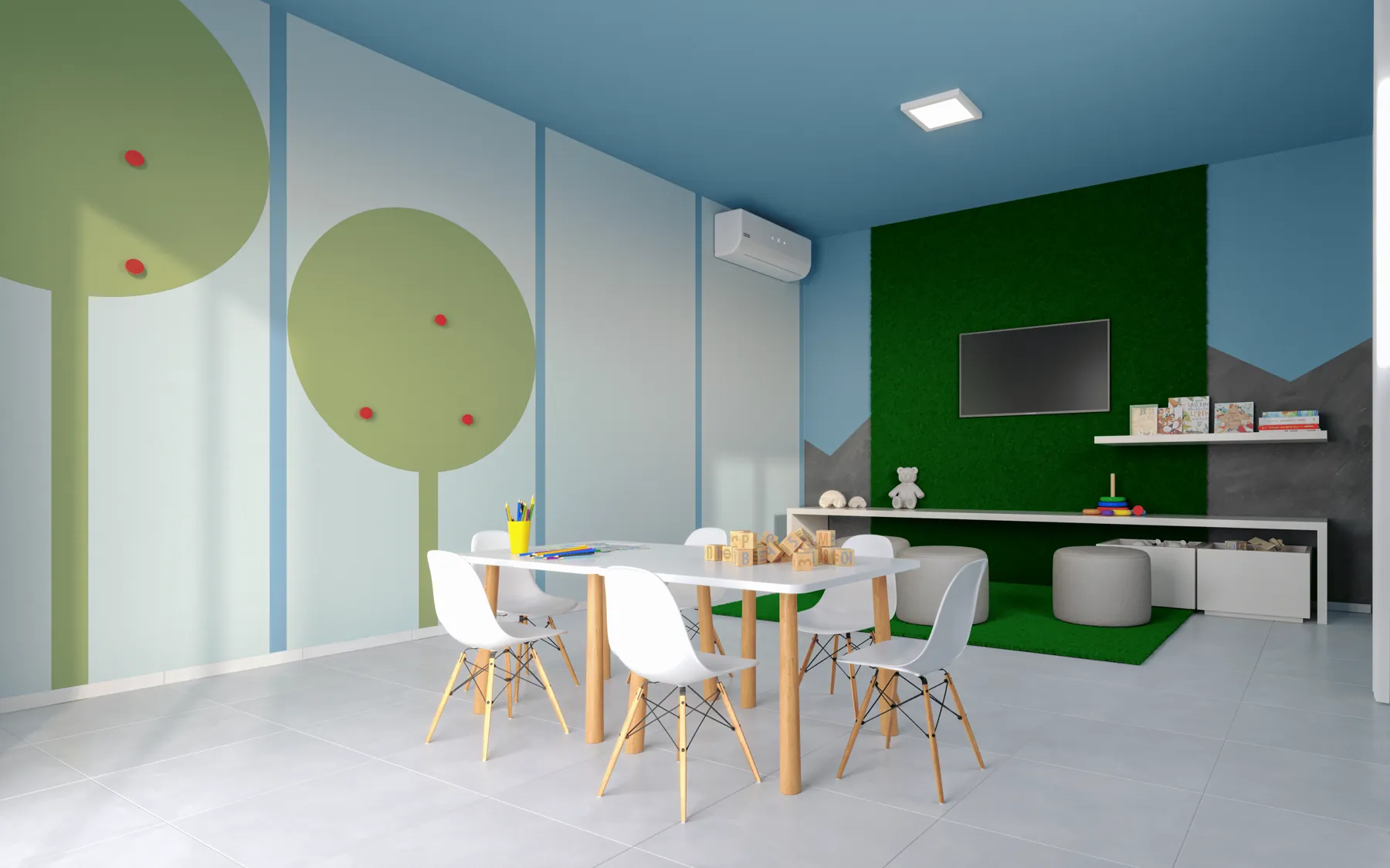 Brinquedoteca com mesa infantil e painel de árvores