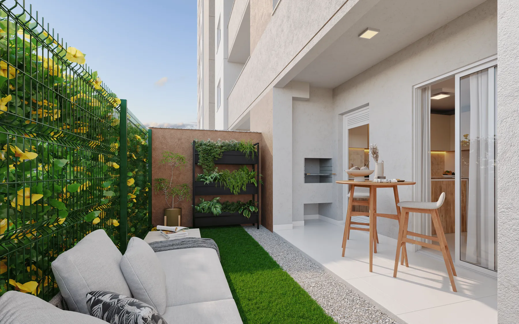 Área externa privativa com jardim, sofá e churrasqueira
