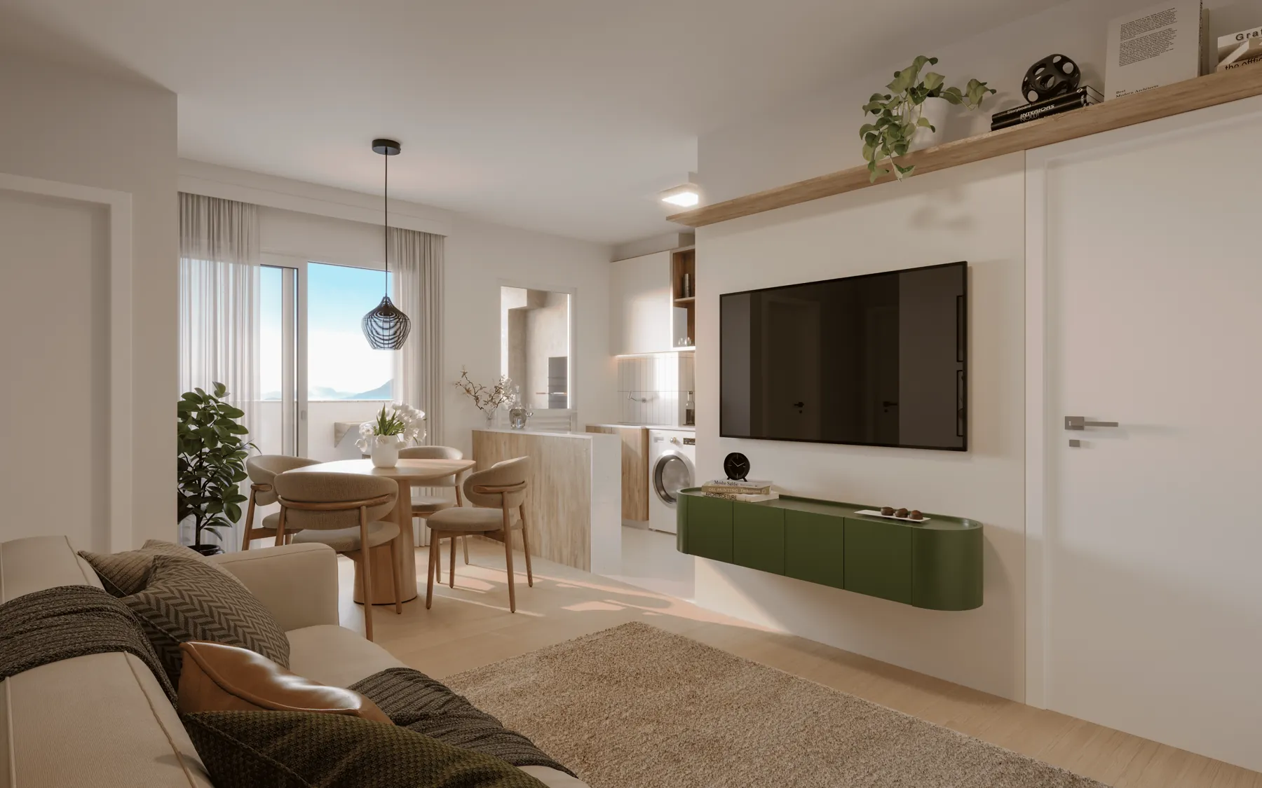 Living integrado à cozinha em apartamento decorado