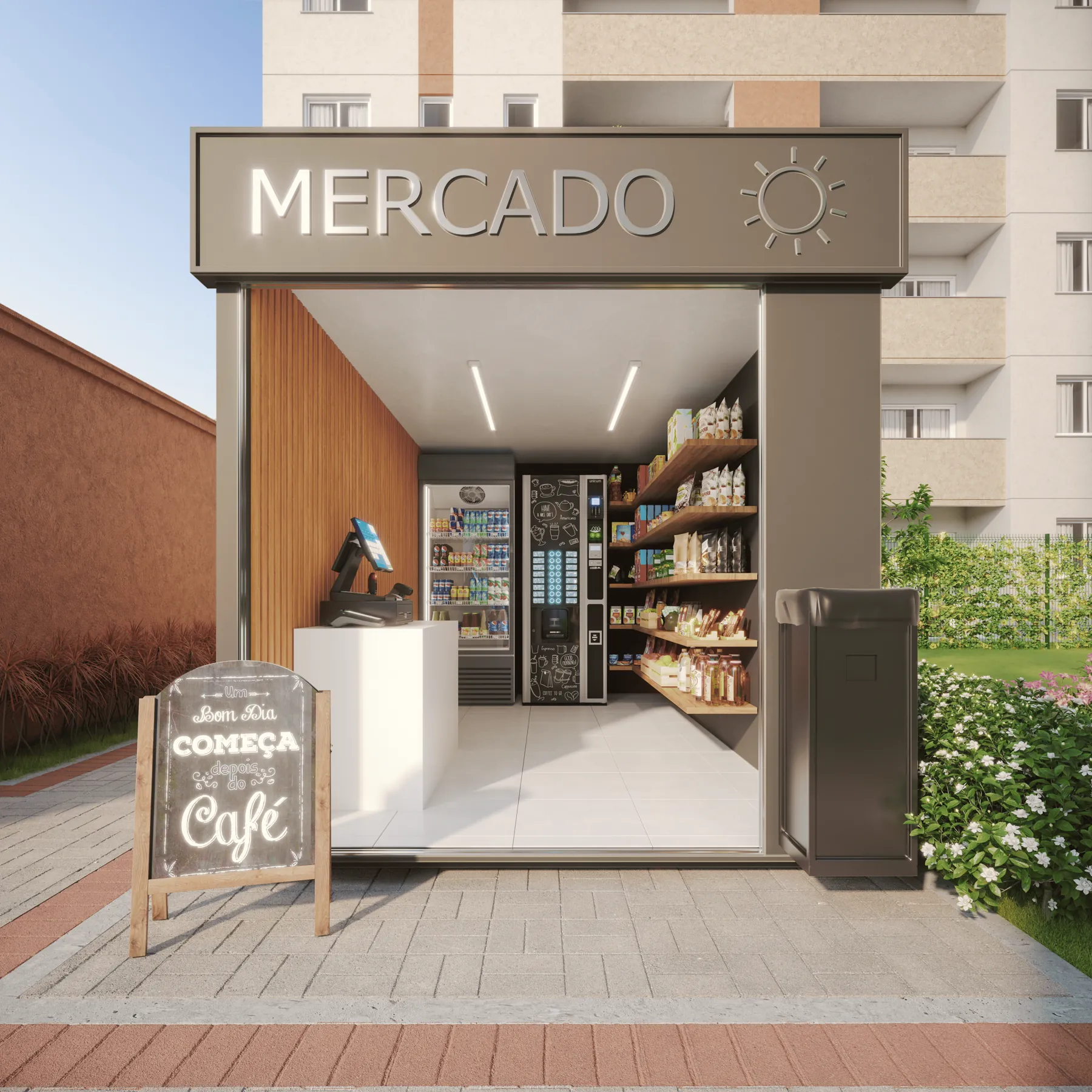 Mercado com prateleiras e placa de café