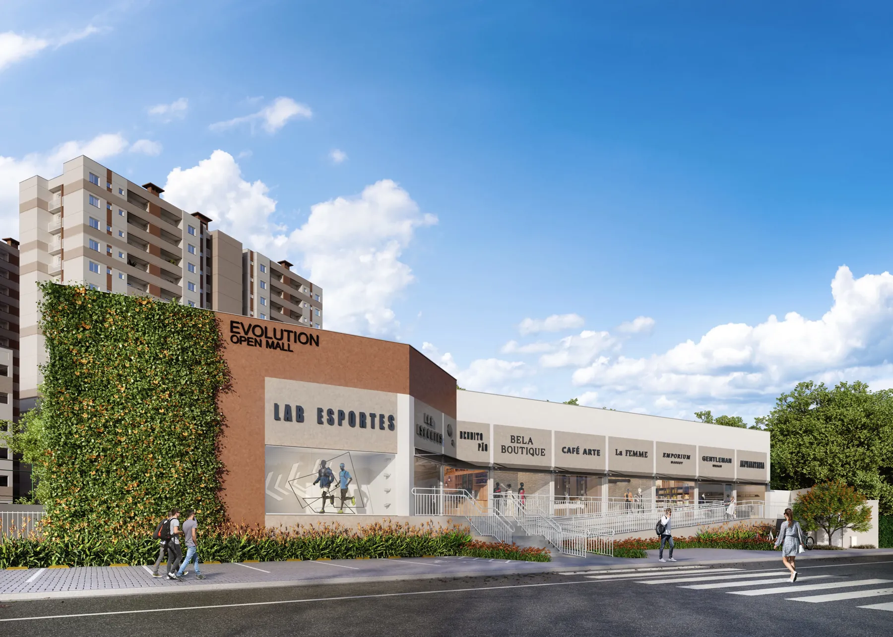 Fachada do open mall com lojas no térreo e as torres ao fundo