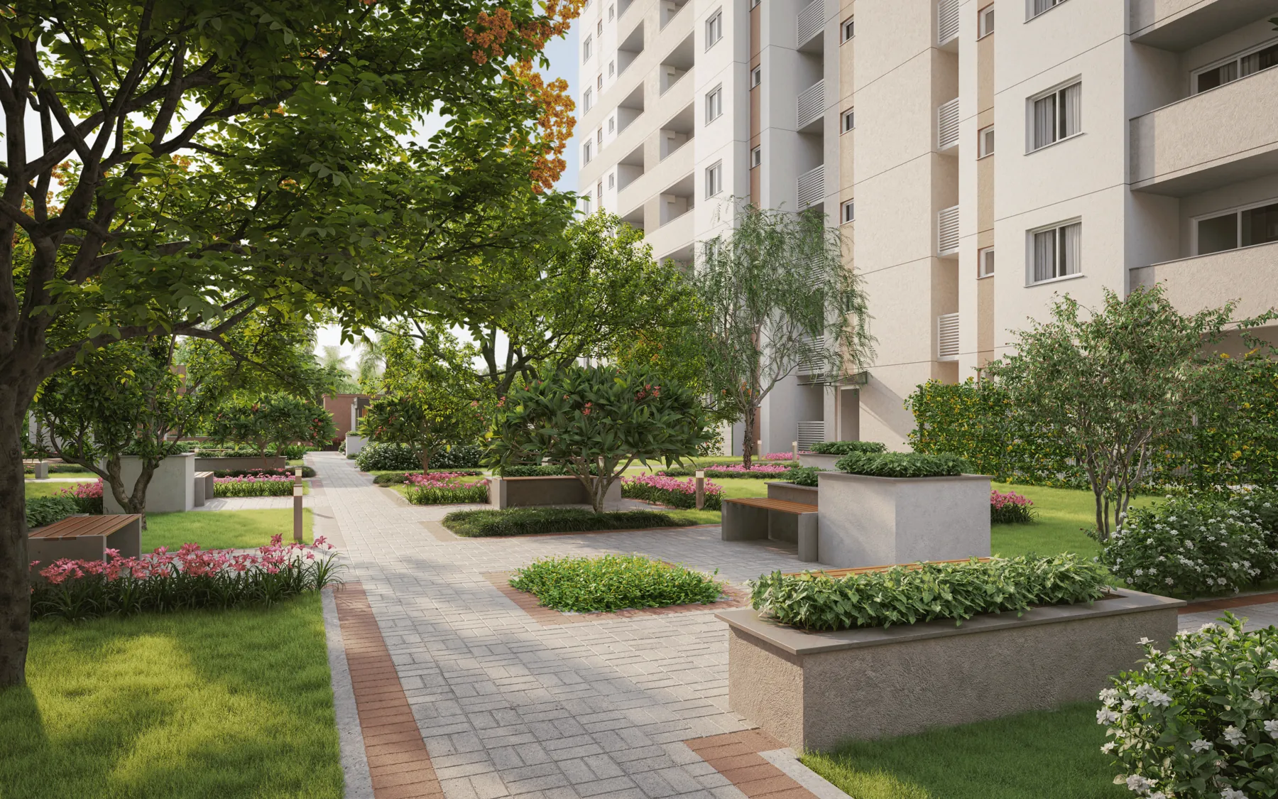 Caminho com jardins e canteiros entre as torres
