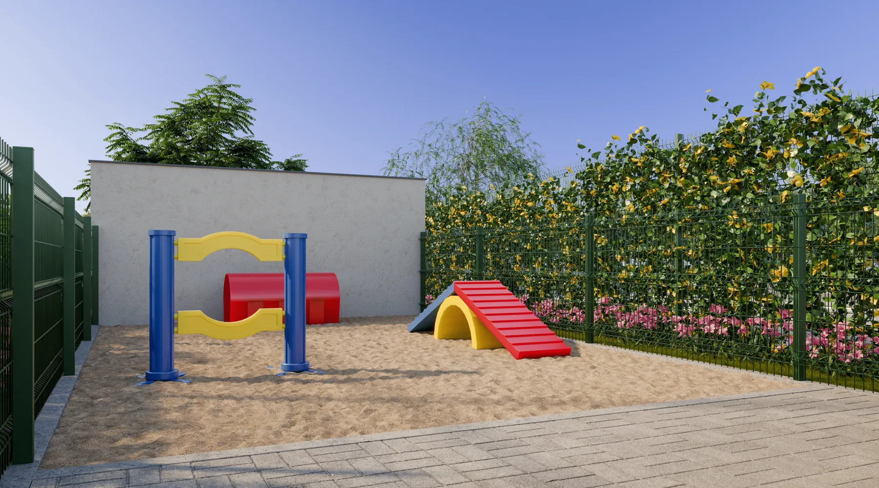 Pet place com brinquedos para cães sobre areia