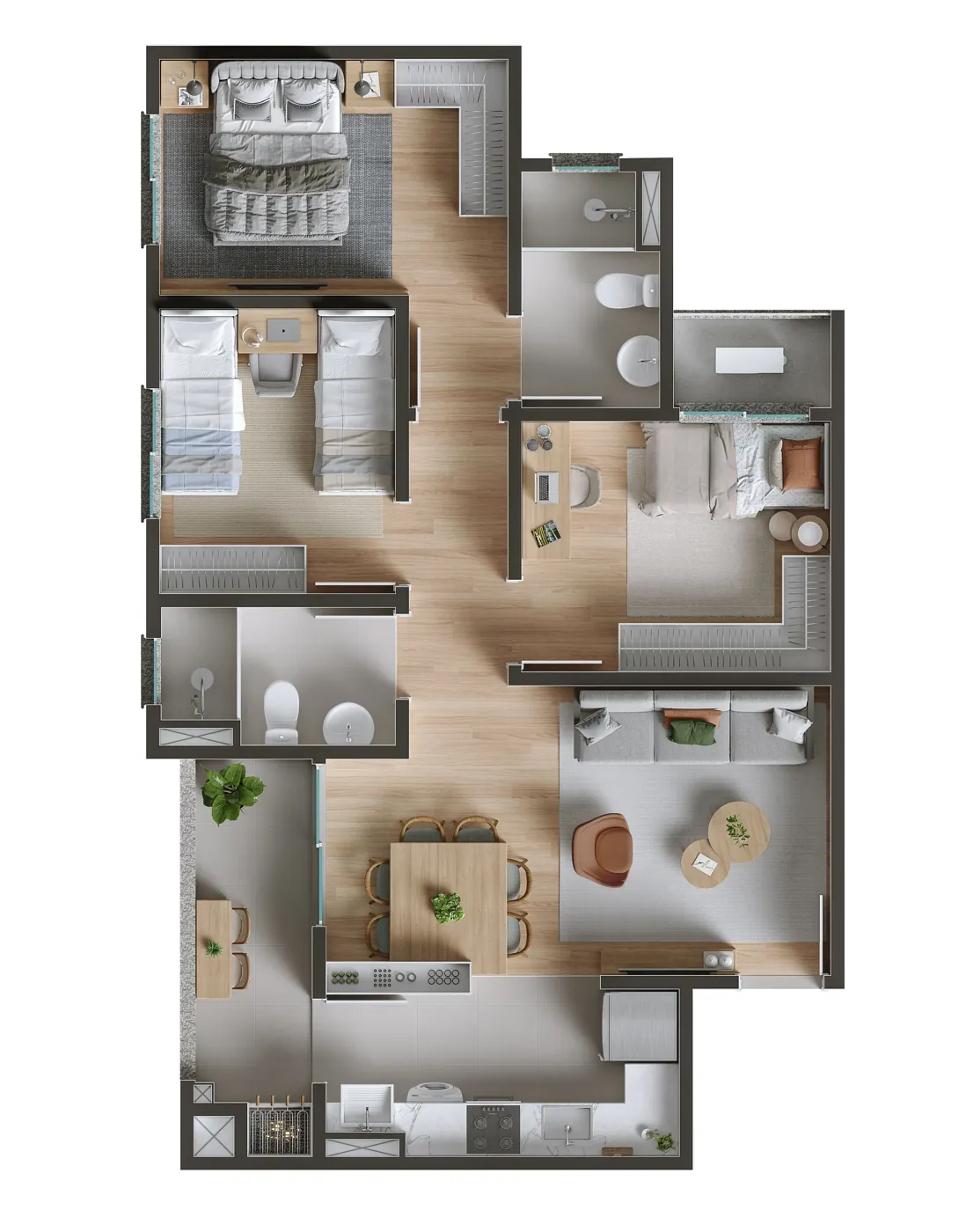 Planta humanizada do apartamento de suíte e 2 dormitórios, 70,34 m²