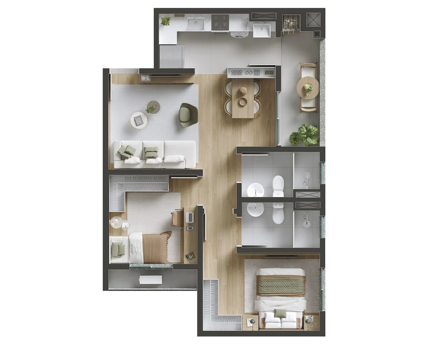 Planta humanizada do apartamento Tipo 01, suíte e 1 dormitório, 60,40 m²