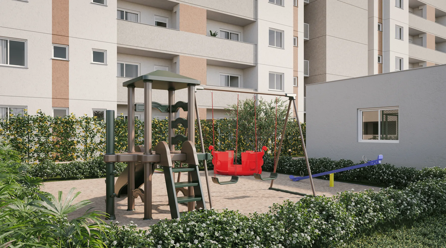 Playground com balanços e escorregador