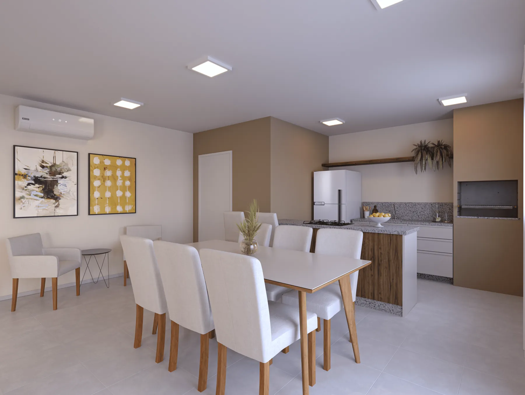 Salão de festas com mesa de jantar e cozinha