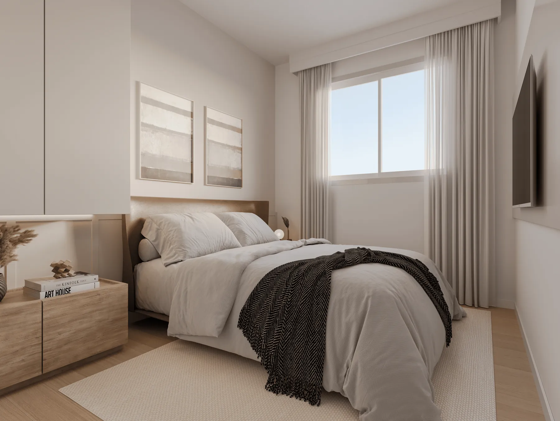 Suíte decorada com cama de casal e janela