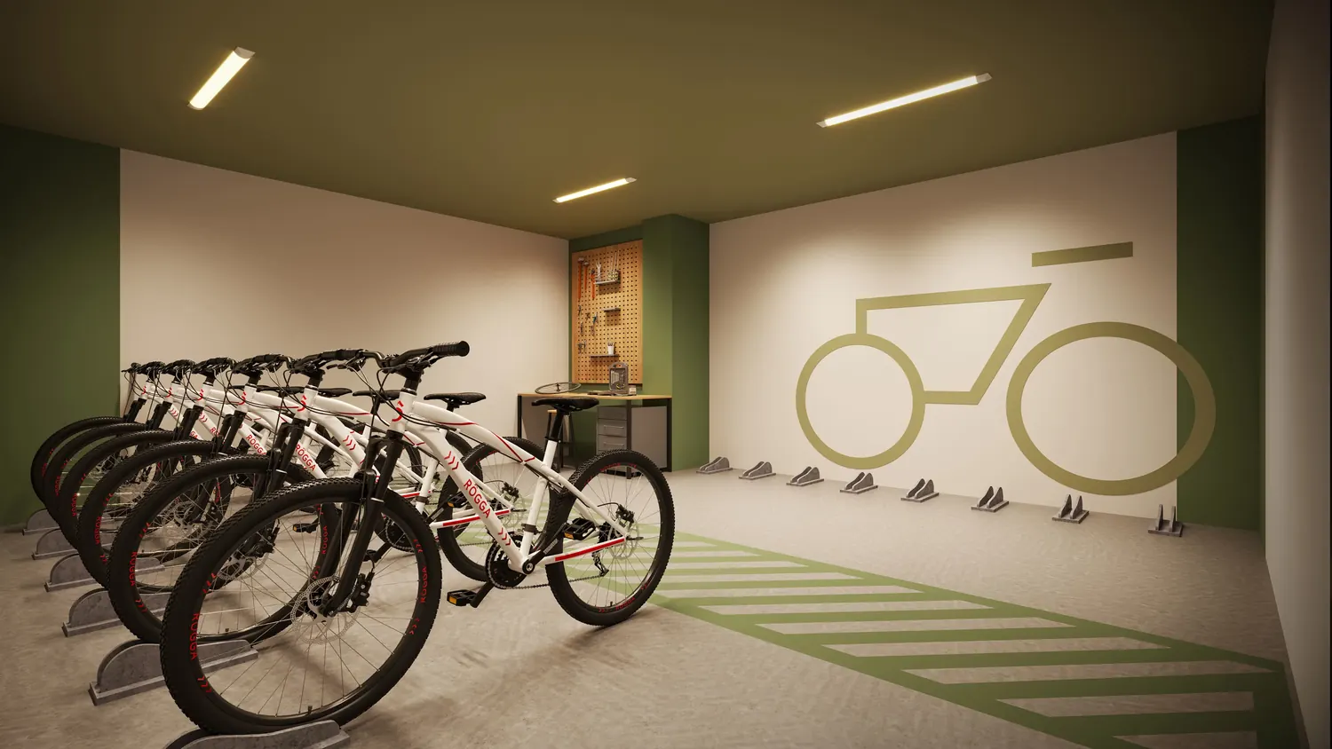 Bicicletário coberto com bicicletas compartilhadas