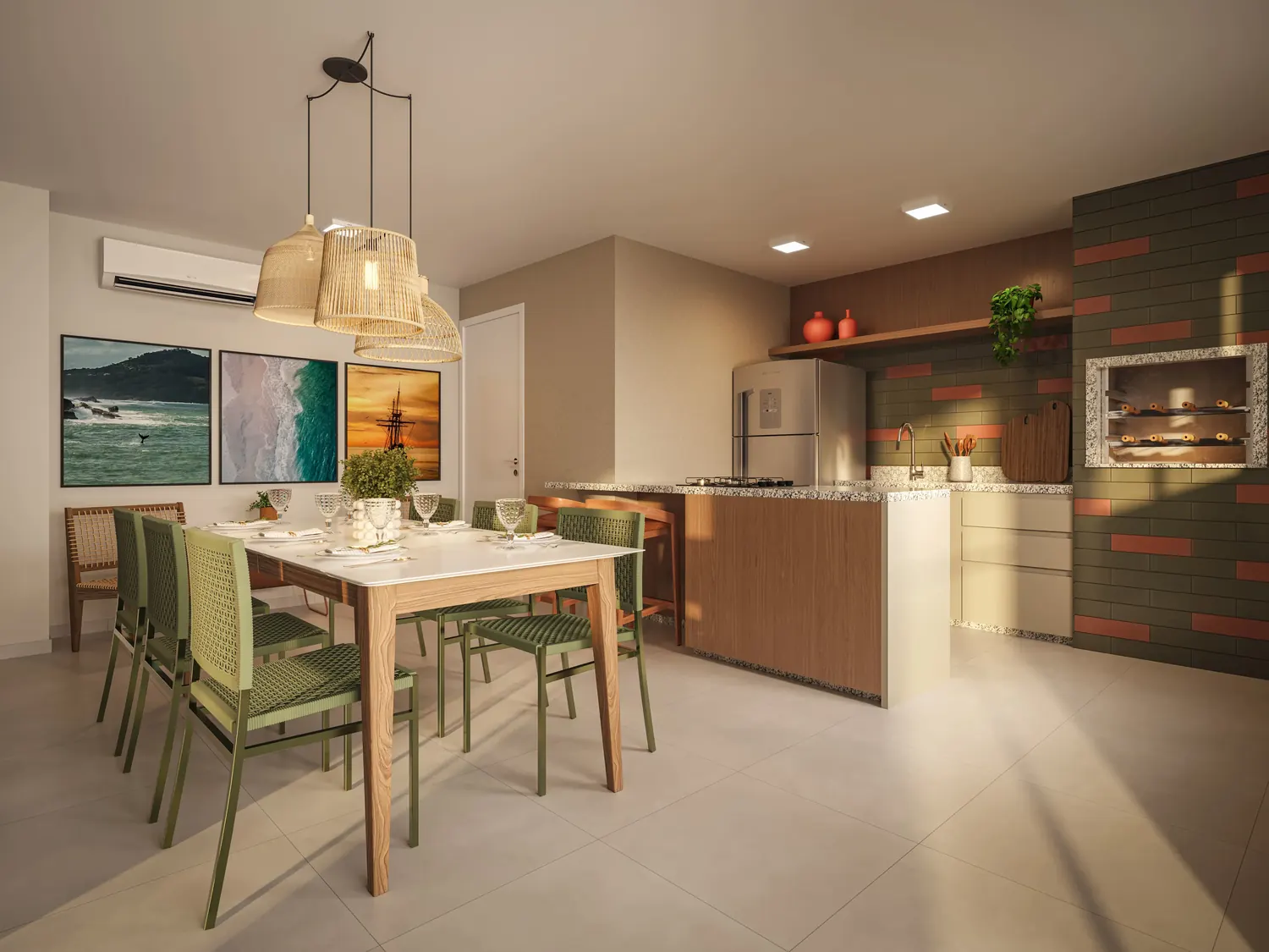 Cozinha com churrasqueira integrada à sala de jantar no apartamento decorado
