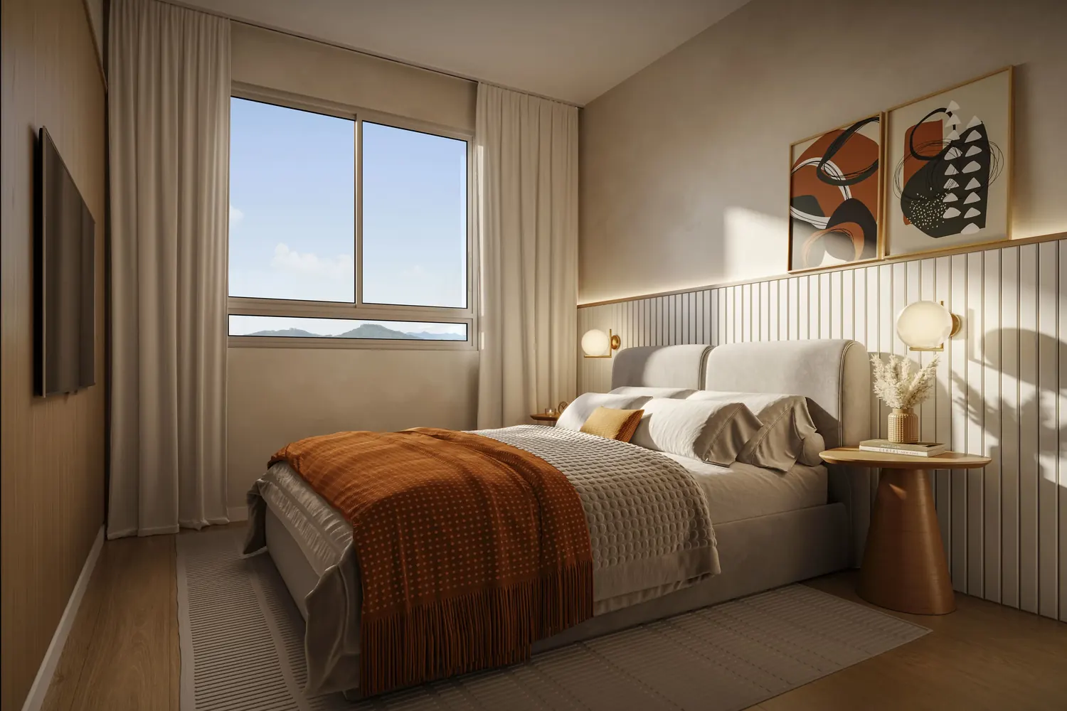 Dormitório decorado com cama de casal e janela ampla