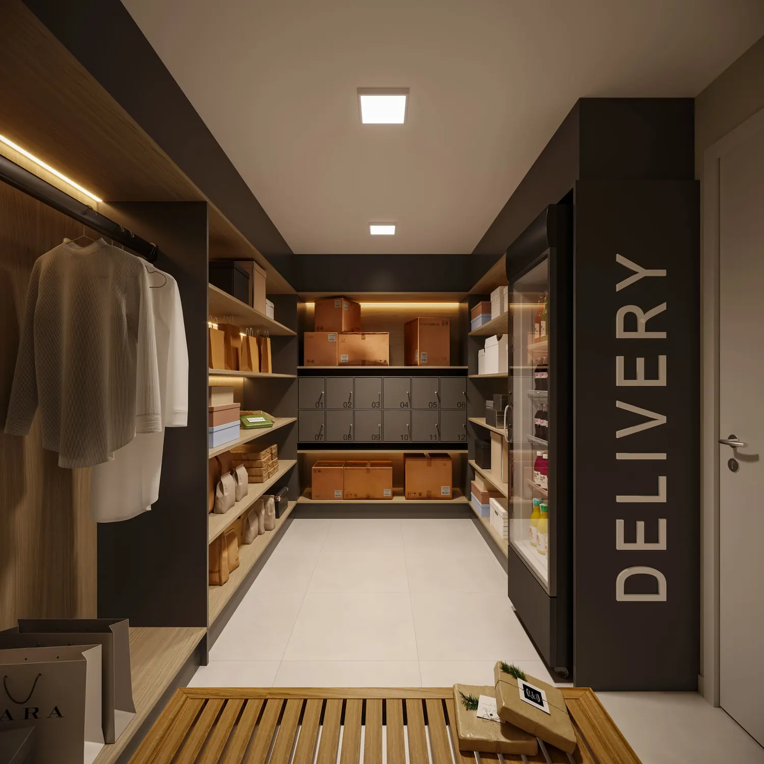 Espaço delivery com armários para encomendas e geladeira