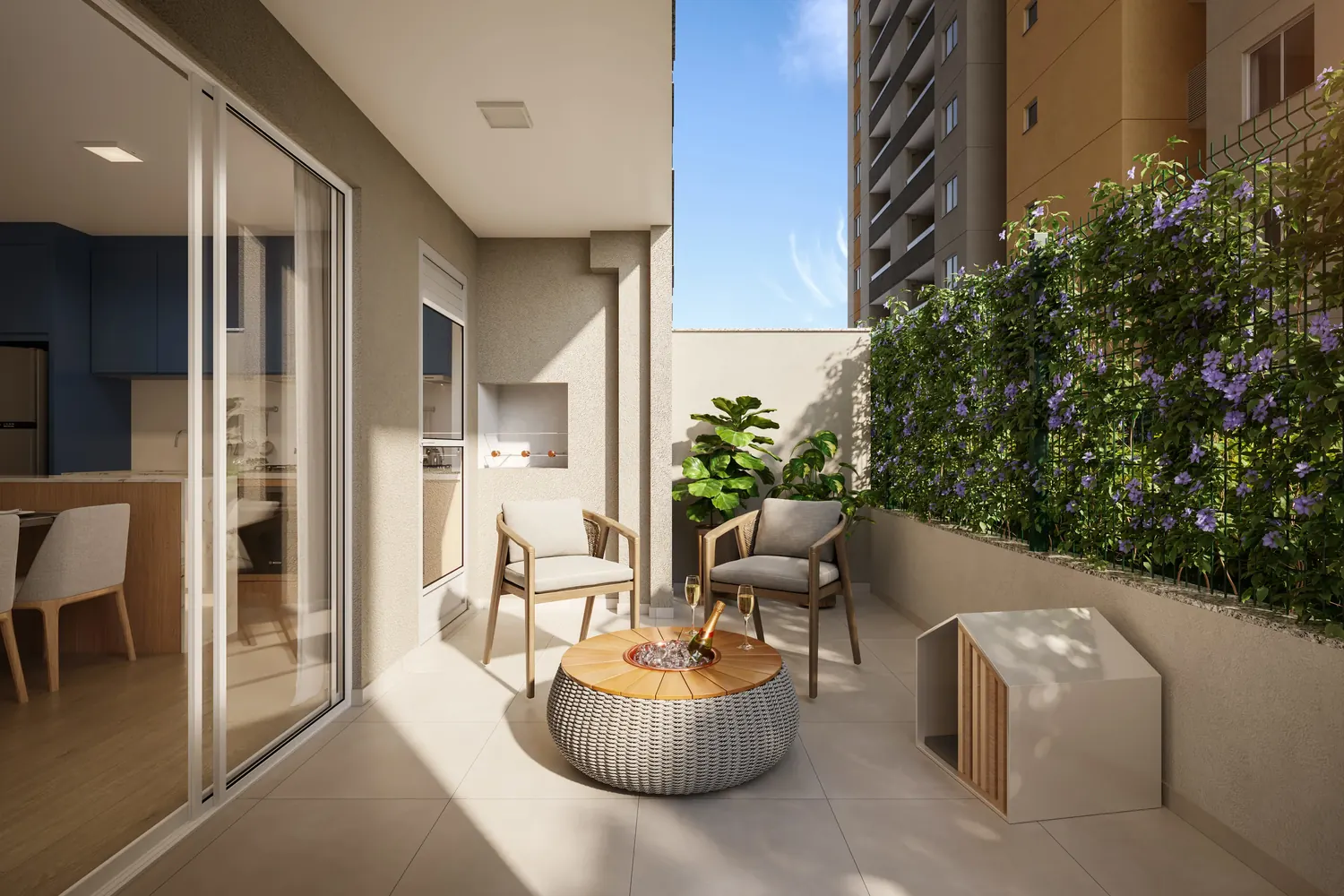 Área externa de unidade giardino com jardim vertical e poltronas