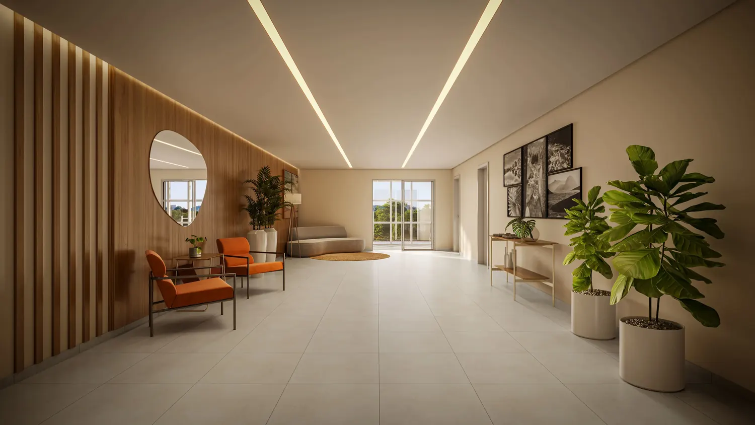 Hall de entrada com poltronas e painel de madeira