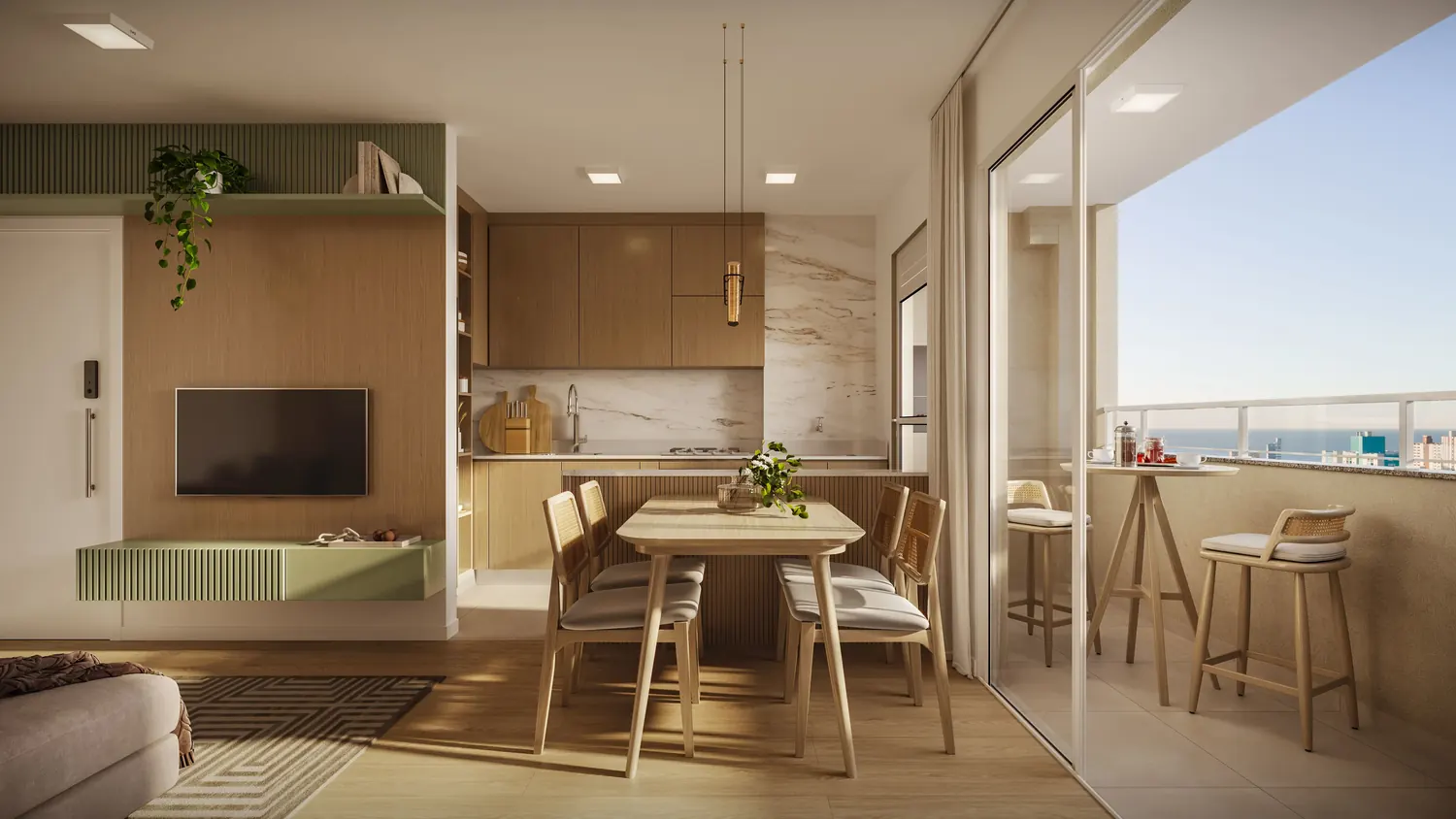 Living integrado à cozinha e à sacada em apartamento decorado