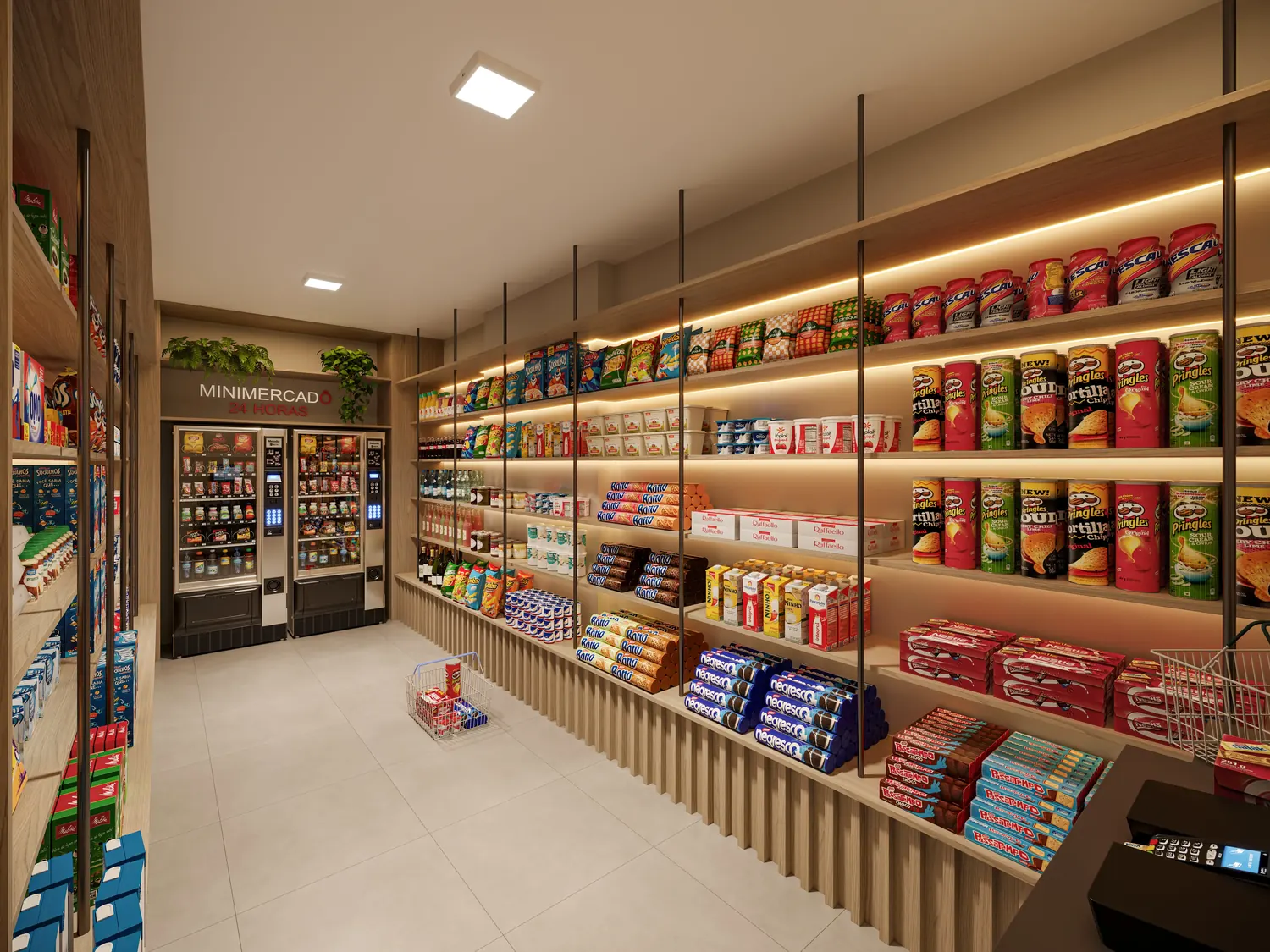Mercado autônomo no térreo, com prateleiras e geladeiras