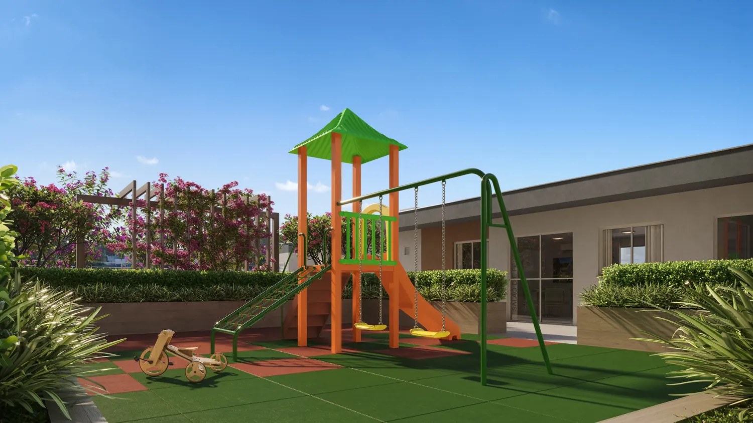 Playground com escorregador e balanço sobre piso emborrachado