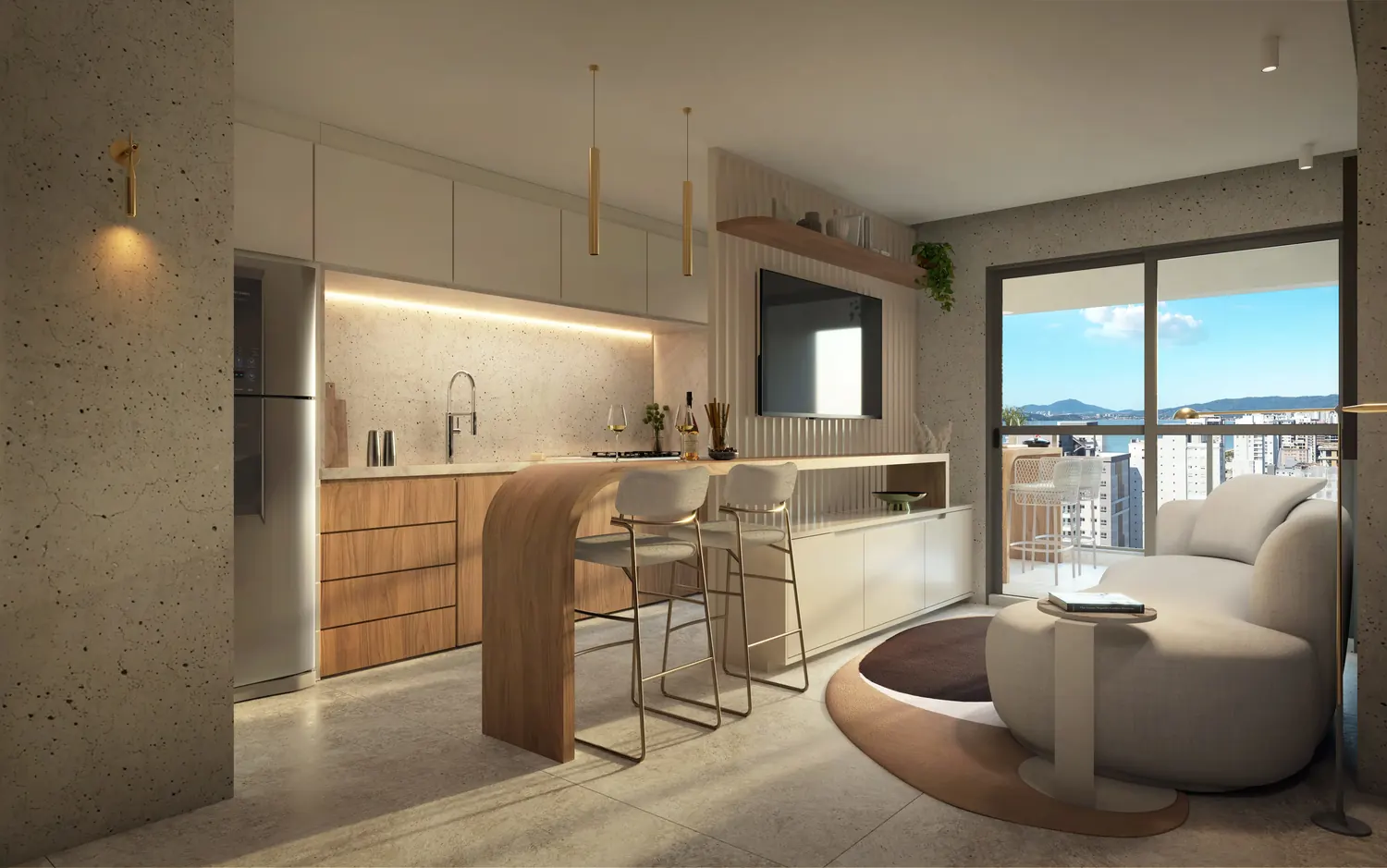 Cozinha com bancada de madeira integrada ao living