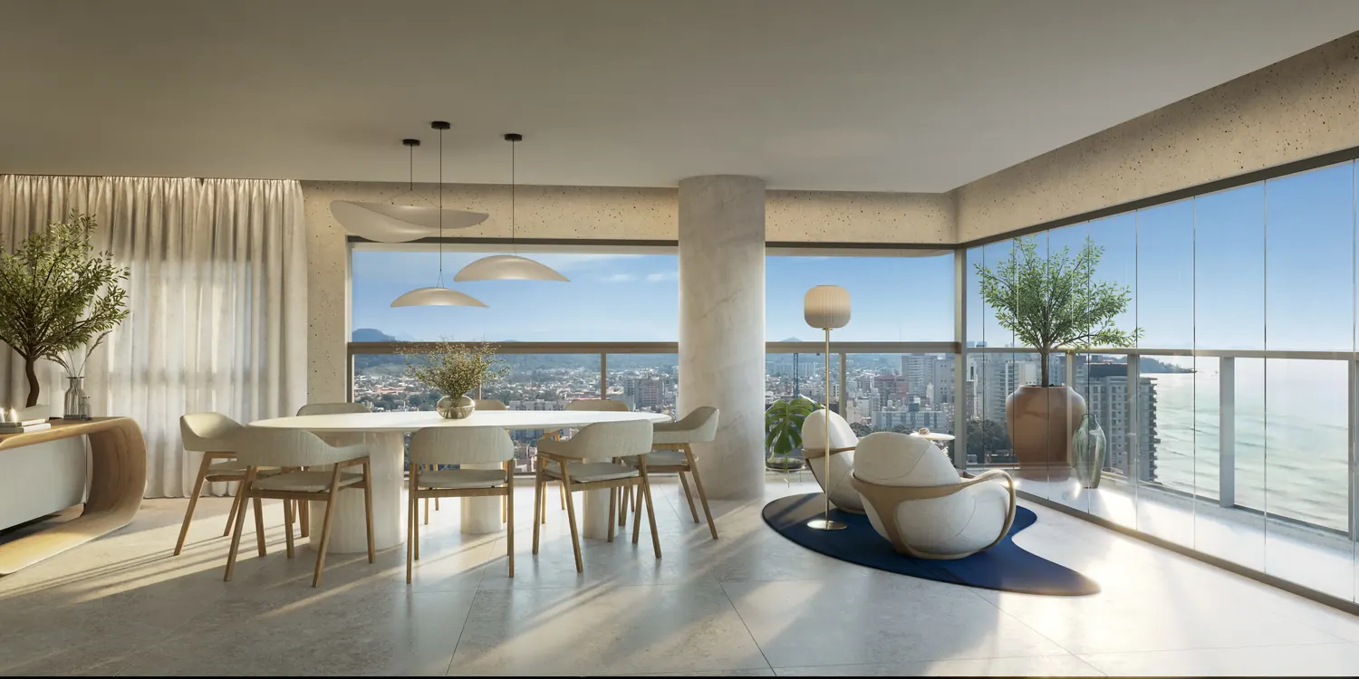 Living e jantar decorados com janelas de canto voltadas para o mar