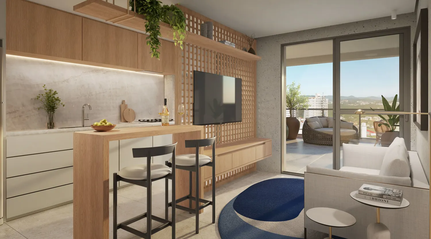 Cozinha com bancada alta integrada ao living e à sacada