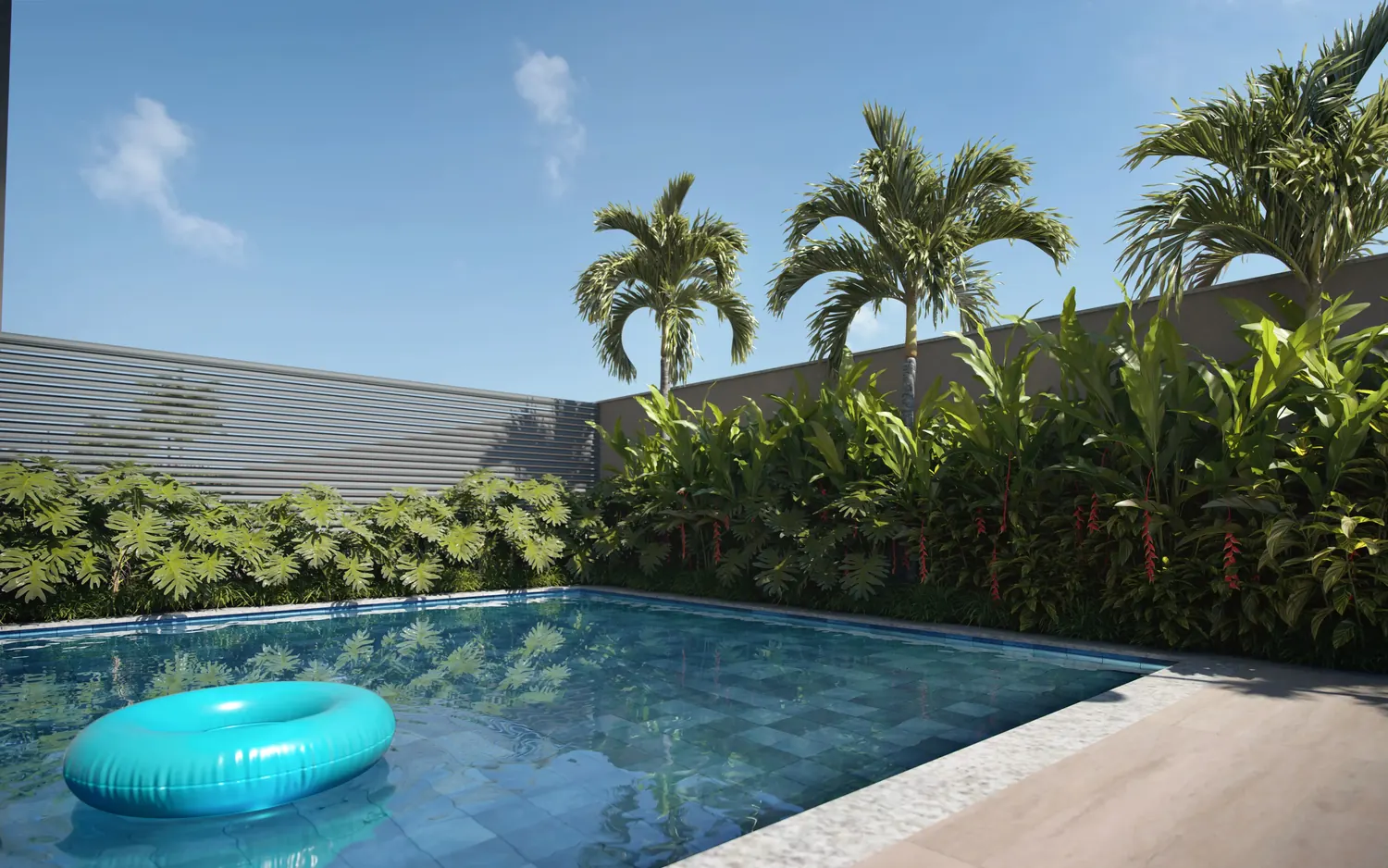 Piscina infantil cercada por palmeiras e vegetação tropical