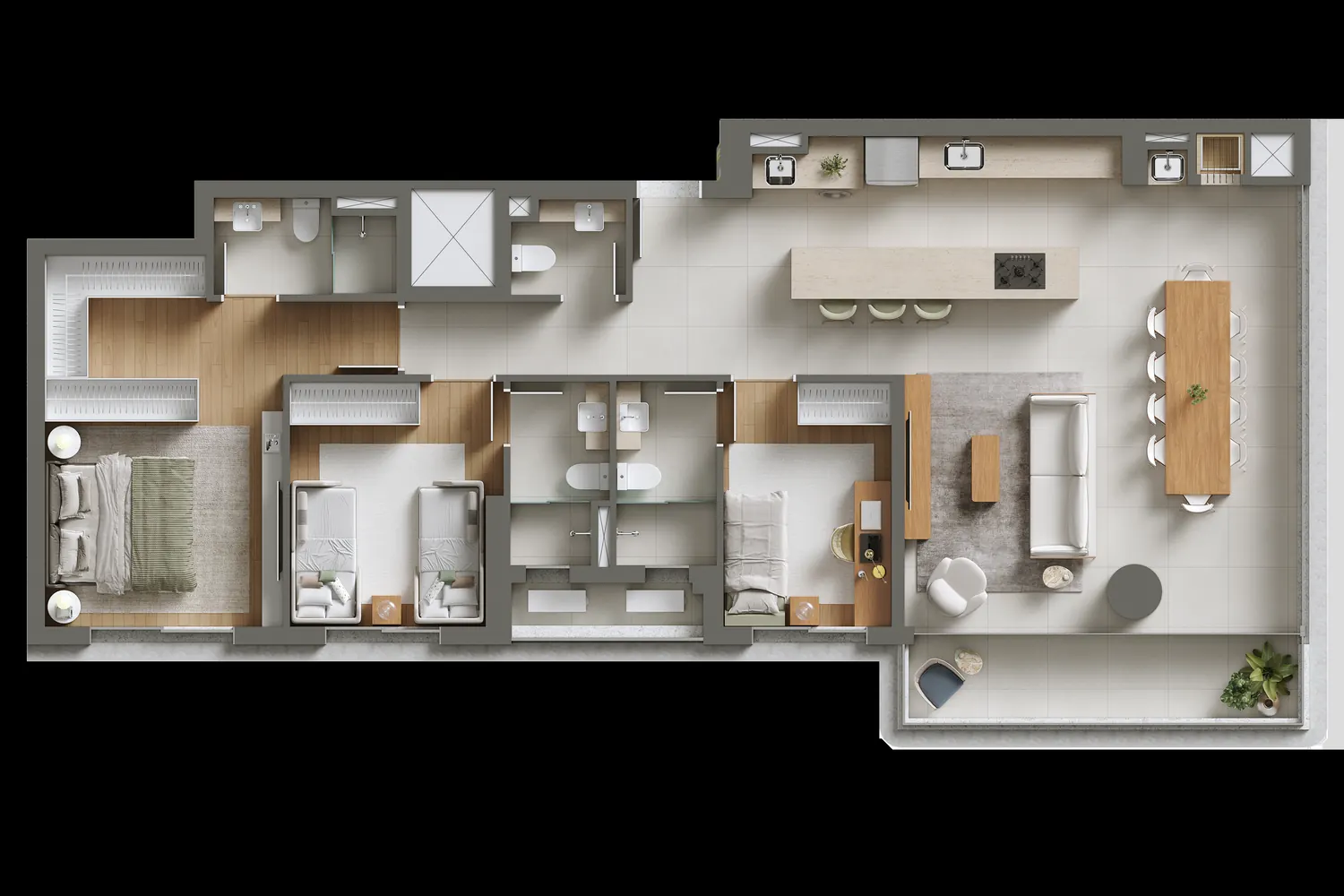 Planta humanizada do apartamento Tipo 01, 3 suítes, 3 dormitórios, 121,40 m²