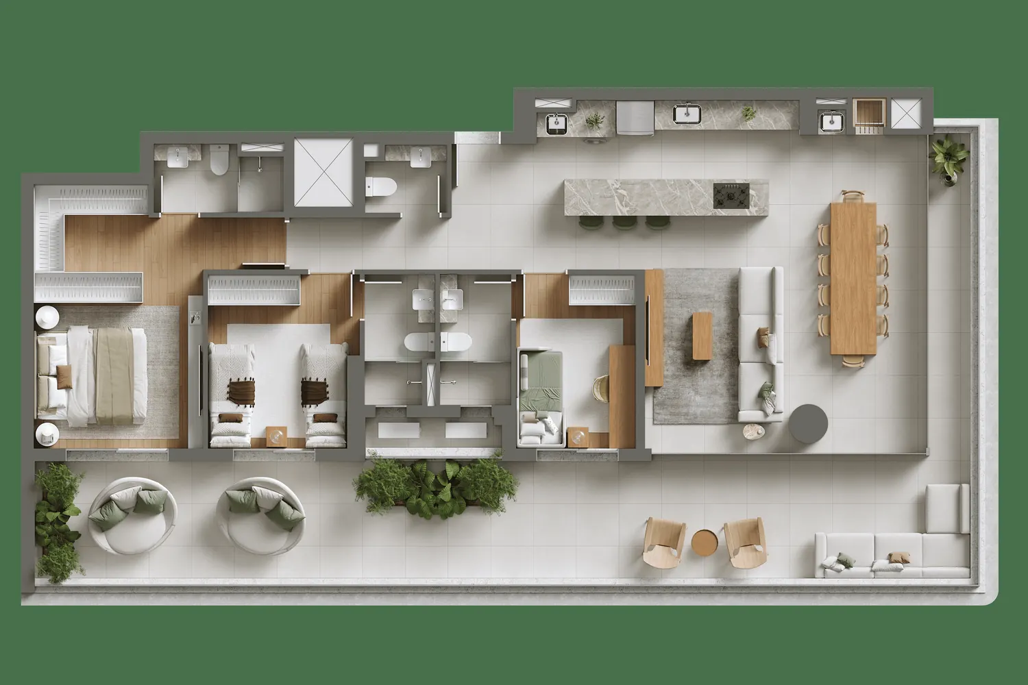 Planta humanizada do apartamento Tipo 01 Giardino, 3 dormitórios, 168,37 m²