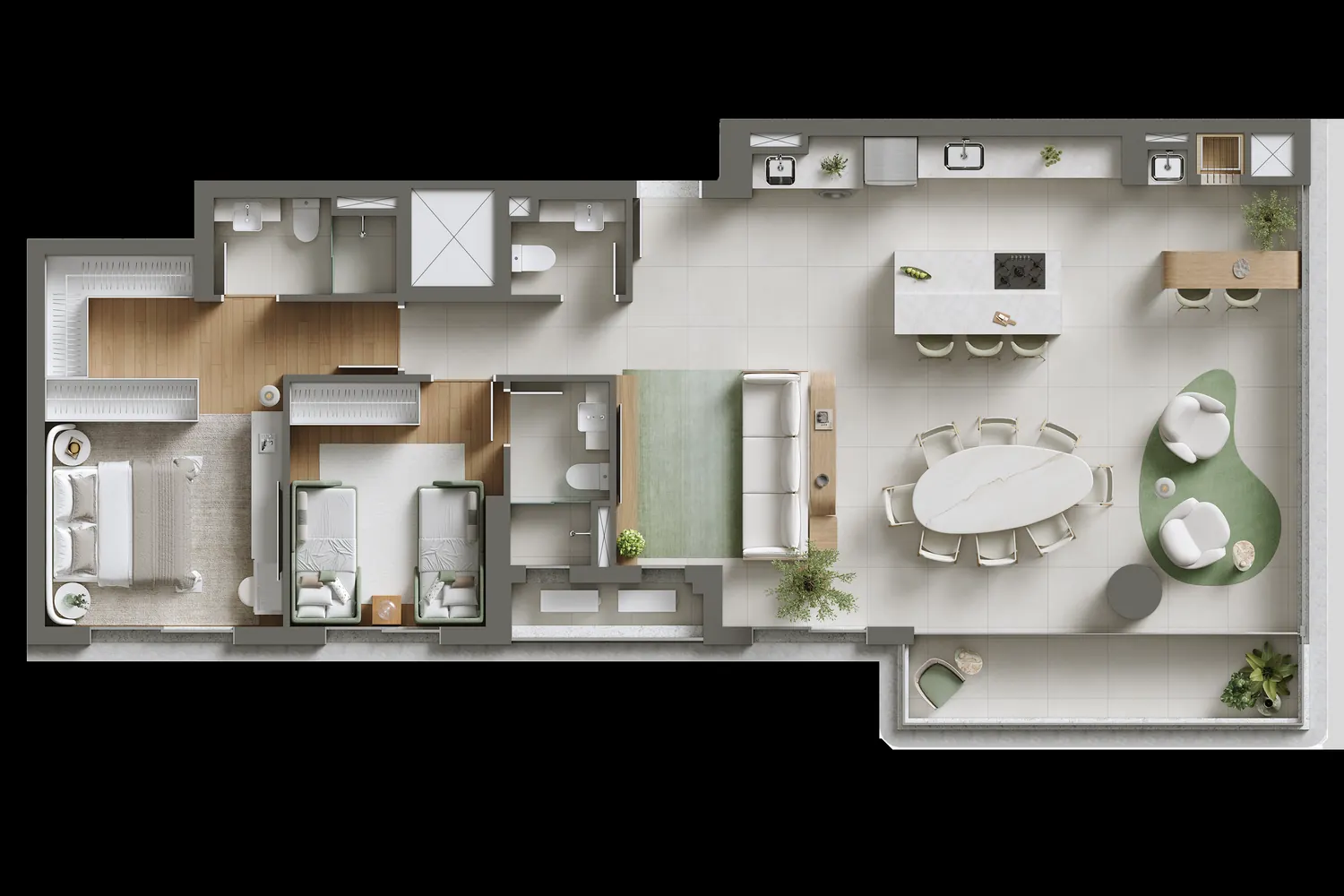 Planta humanizada do apartamento Tipo 01, sala ampliada e 2 suítes, 2 dormitórios, 121,40 m²