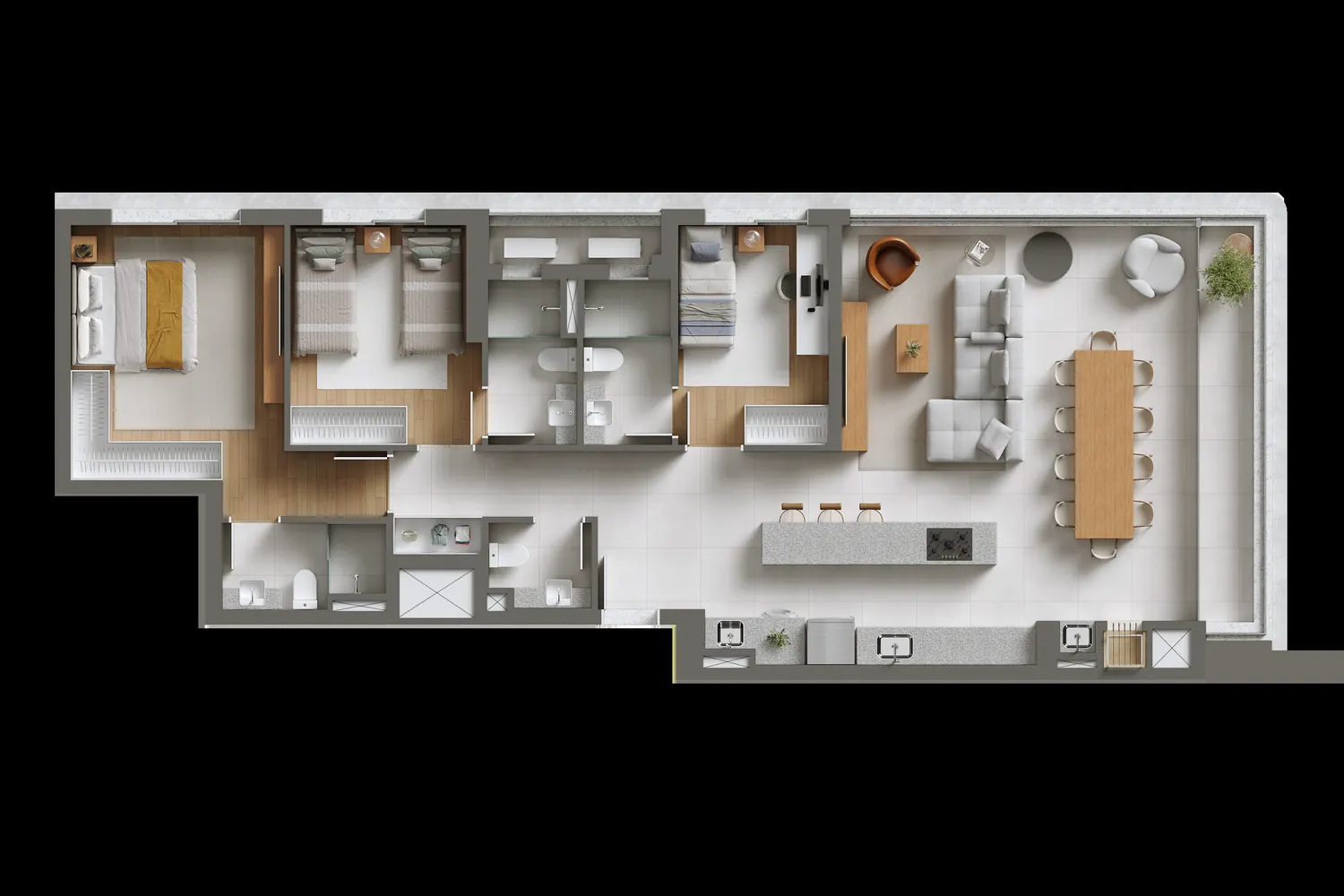 Planta humanizada do apartamento Tipo 02, 3 suítes, 3 dormitórios, 119,53 m²