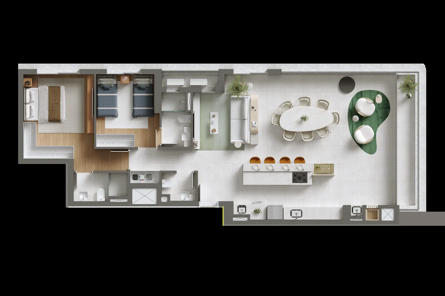 Planta humanizada do apartamento Tipo 02, sala ampliada e 2 suítes, 2 dormitórios, 119,53 m²