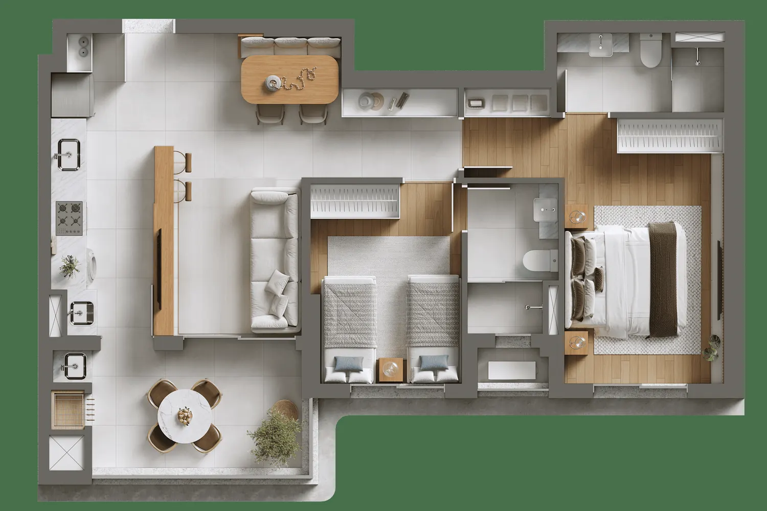 Planta humanizada do apartamento Tipo 03, 2 suítes, 2 dormitórios, 78,20 m²