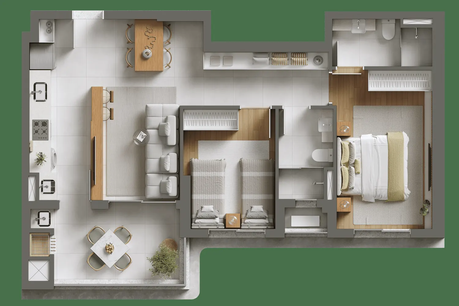 Planta humanizada do apartamento Tipo 03, ampliada, 1 suíte e 1 dormitório, 2 dormitórios, 78,20 m²