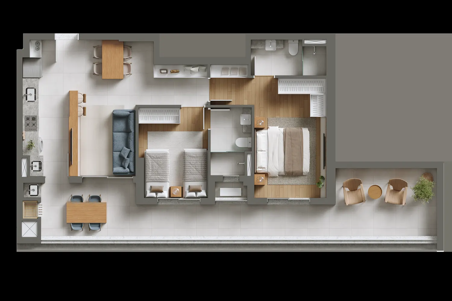 Planta humanizada do apartamento Tipo 03 Giardino, 2 dormitórios, 99,54 m²