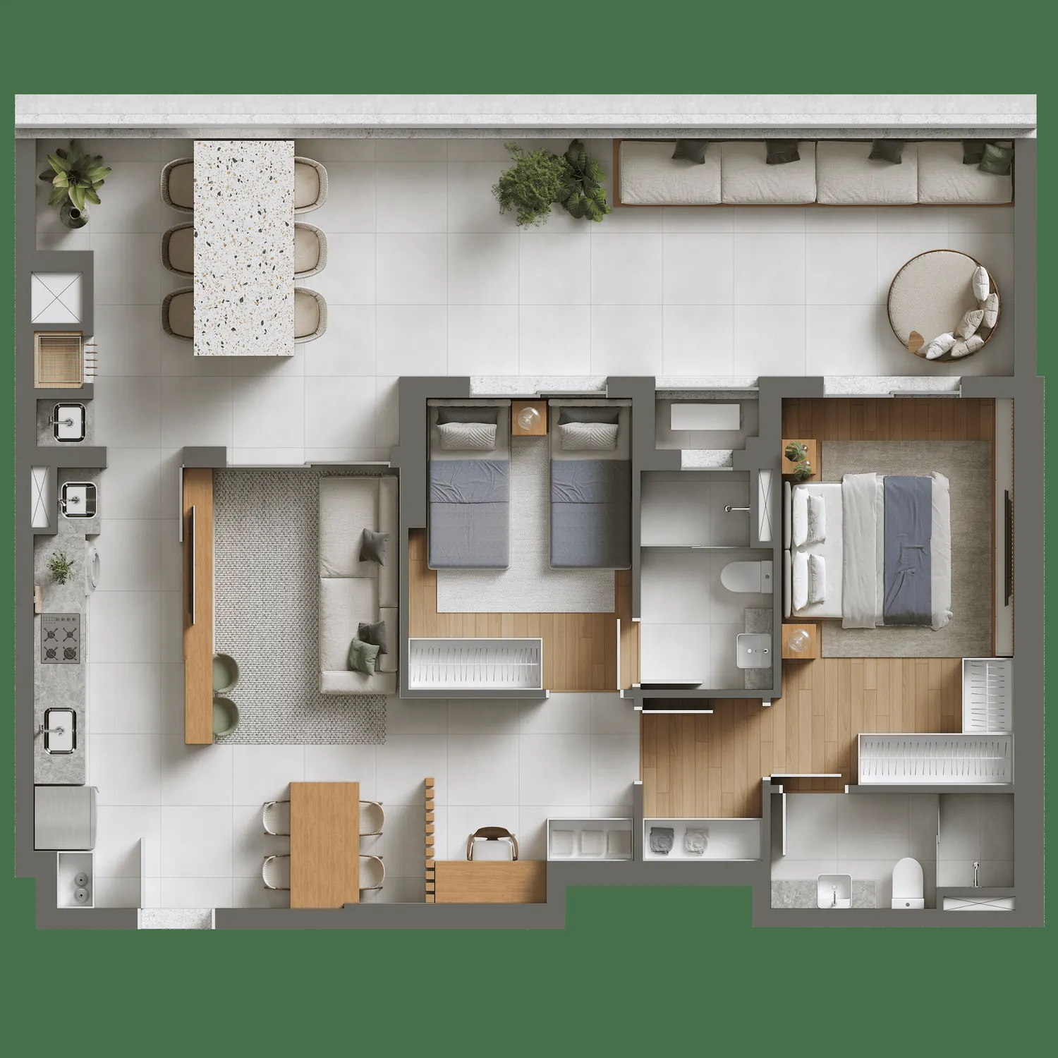 Planta humanizada do apartamento Tipo 04 Giardino, 2 dormitórios, 108,25 m²